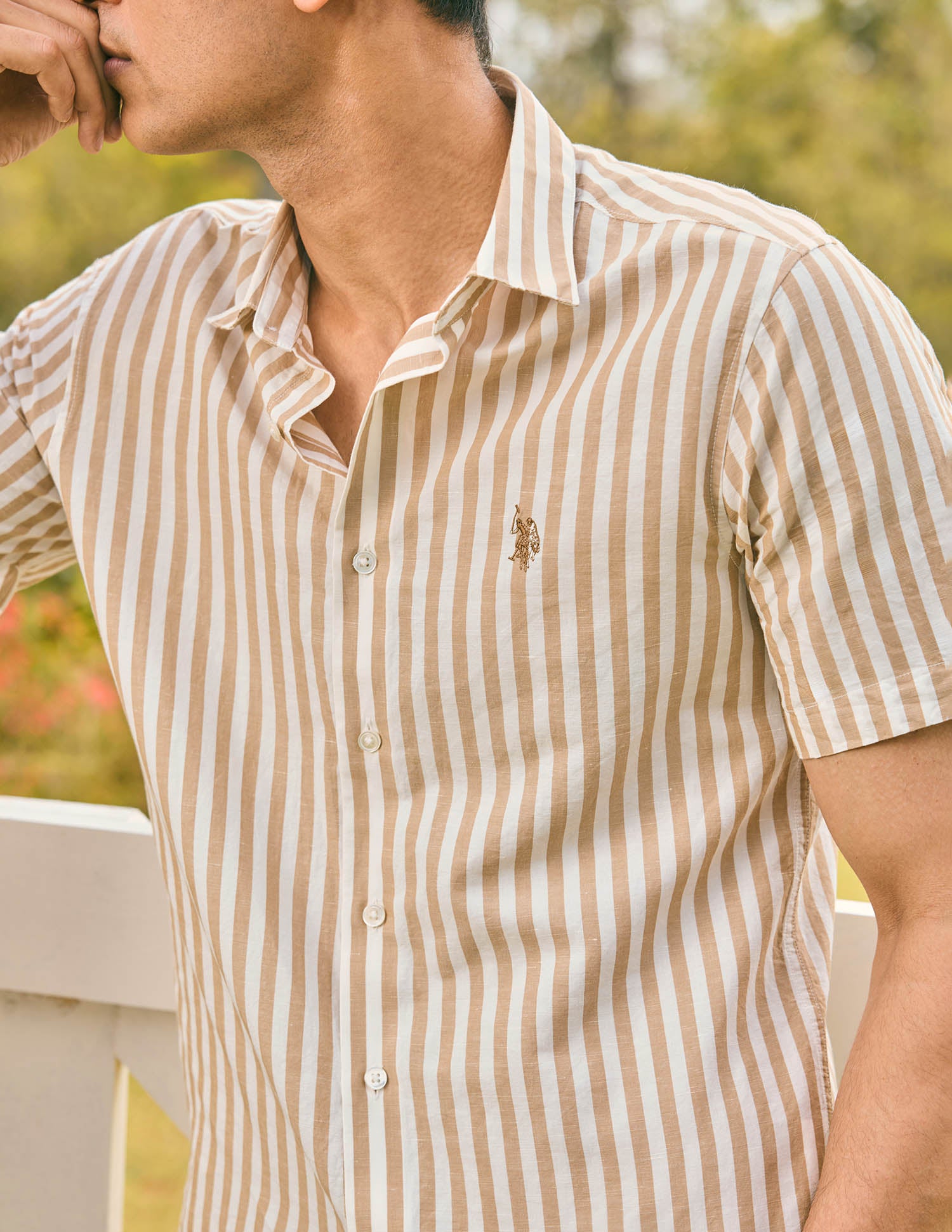 Pacho X Vertical Stripe Cotton Linen Shirt Beige - U.S. POLO ASSN. | Large