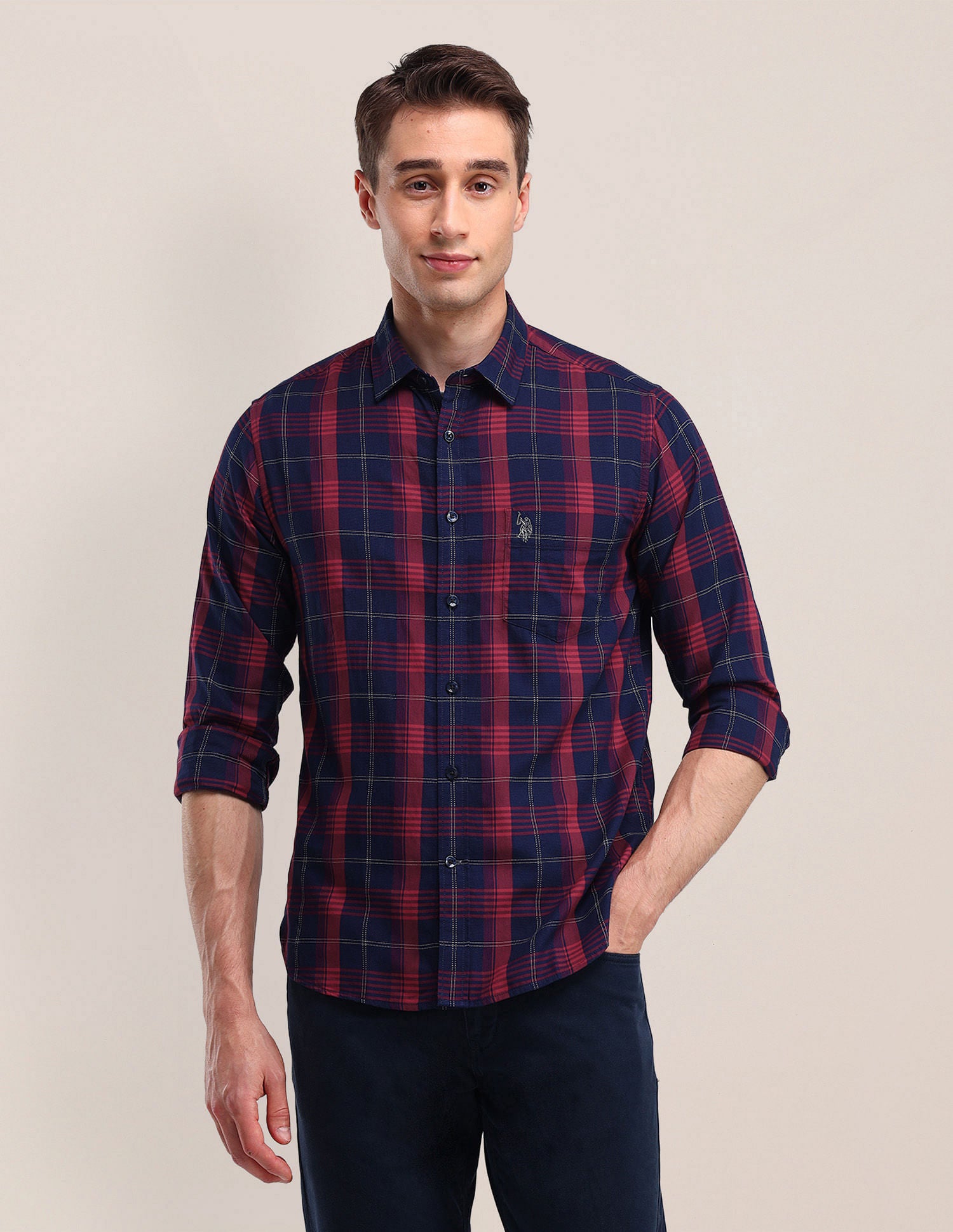 Tailored Fit Checked Shirt Navy - U.S. Polo Assn. India | Large