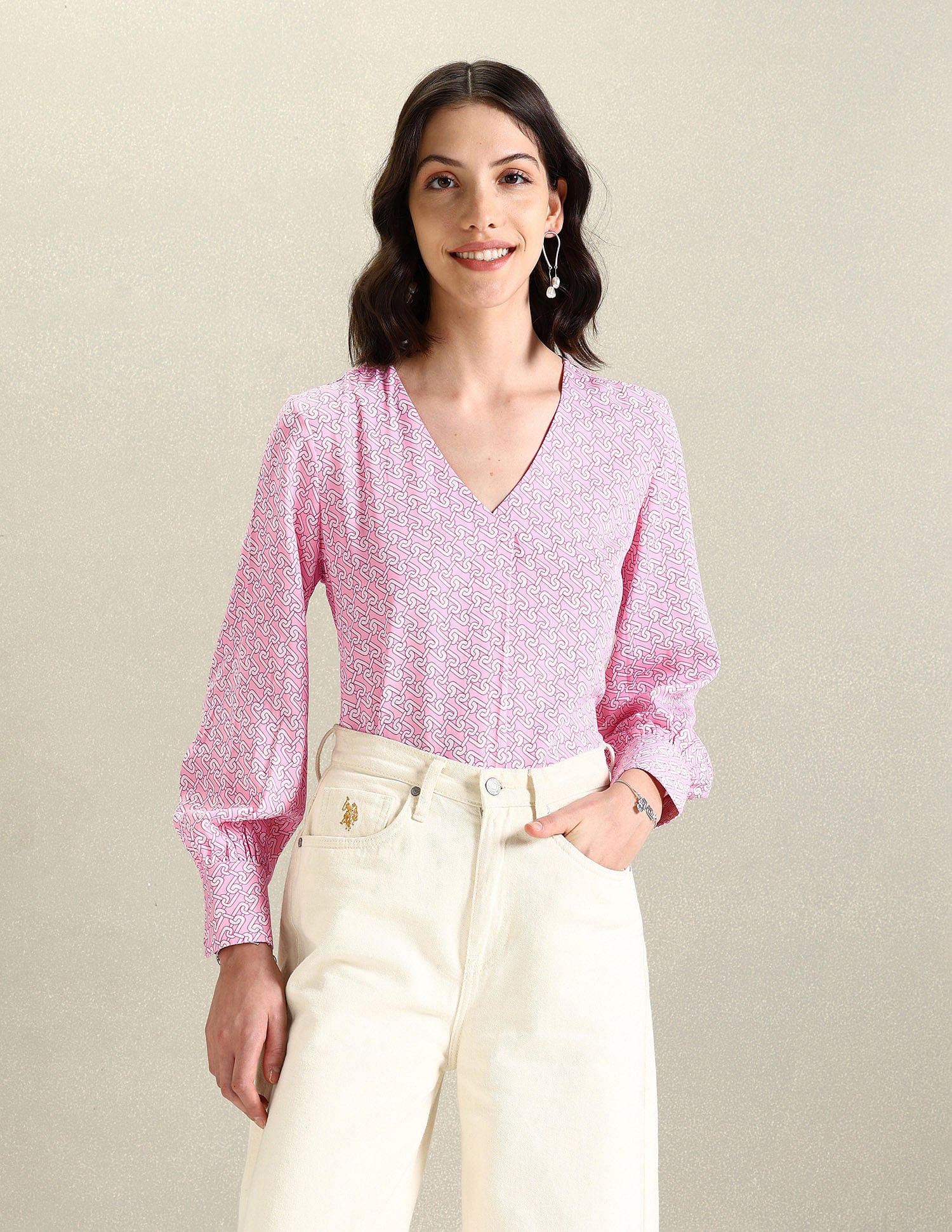 V-Neck Geometric Print Top Pink - U.S. POLO ASSN. | Large