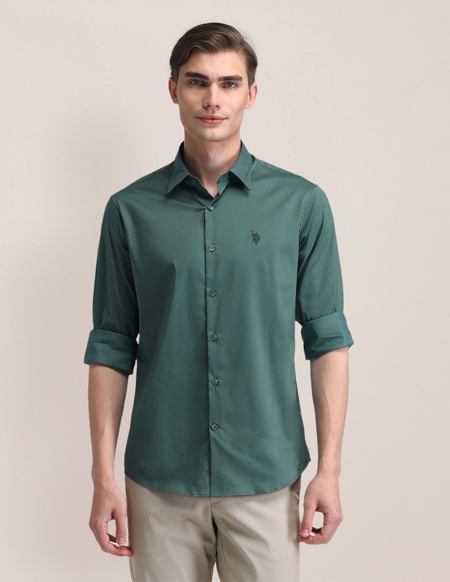 Tailored Fit Solid Twill Shirt Green - U.S. Polo Assn. India | Large