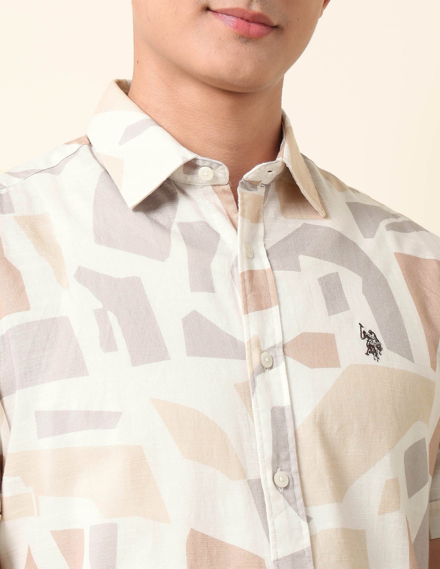 Geometric Printed Pure Cotton Shirt Beige - U.S. POLO ASSN. | Large