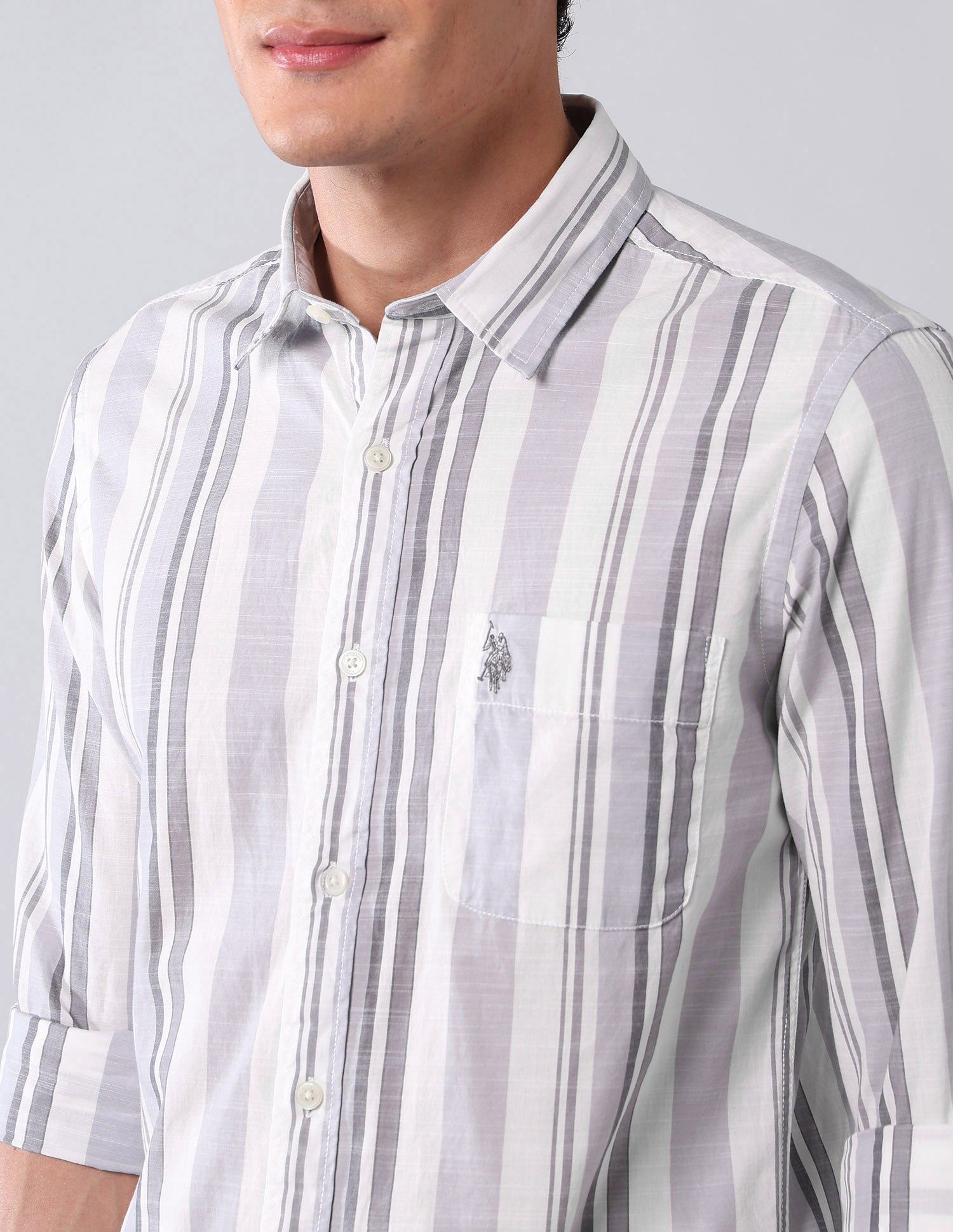 Vertical Striped Pure Cotton Shirt Grey - U.S. Polo Assn. India | Large