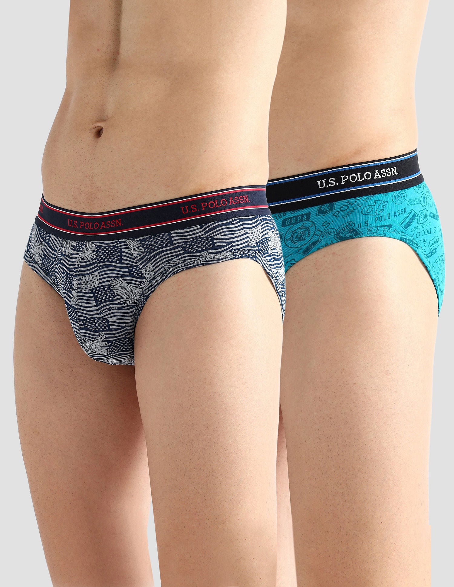 Elasticized Waist Printed I615 Briefs - Pack Of 2 Tile Blue and Grey Melange - U.S. POLO ASSN. | Large