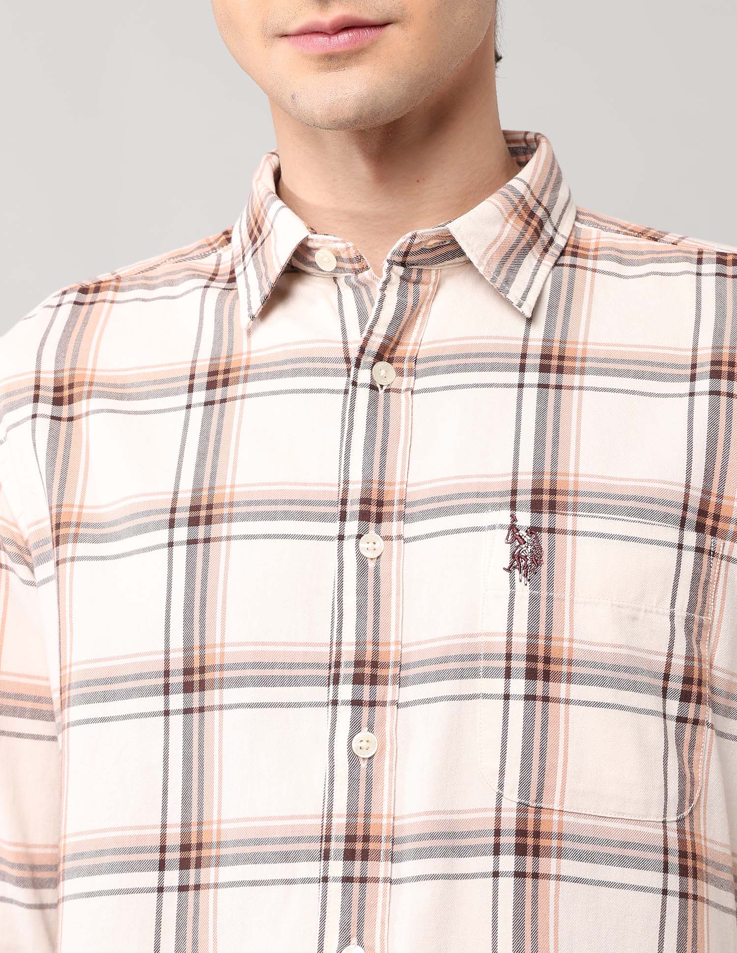 Grid Tattersall Checked Pure Cotton Shirt Ivory - U.S. POLO ASSN. | Large