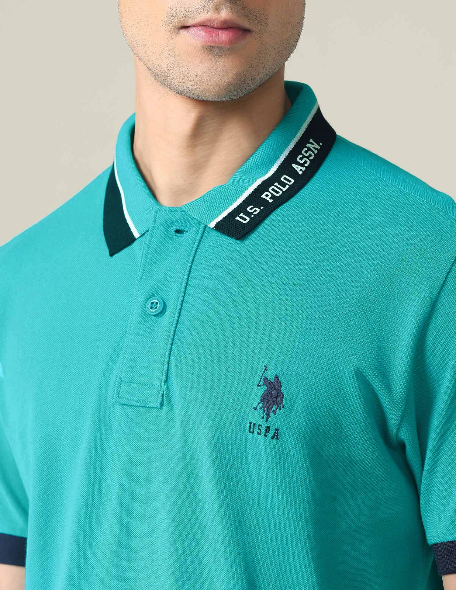 Branded Collar Pique Polo Shirt Green - U.S. POLO ASSN. | Large