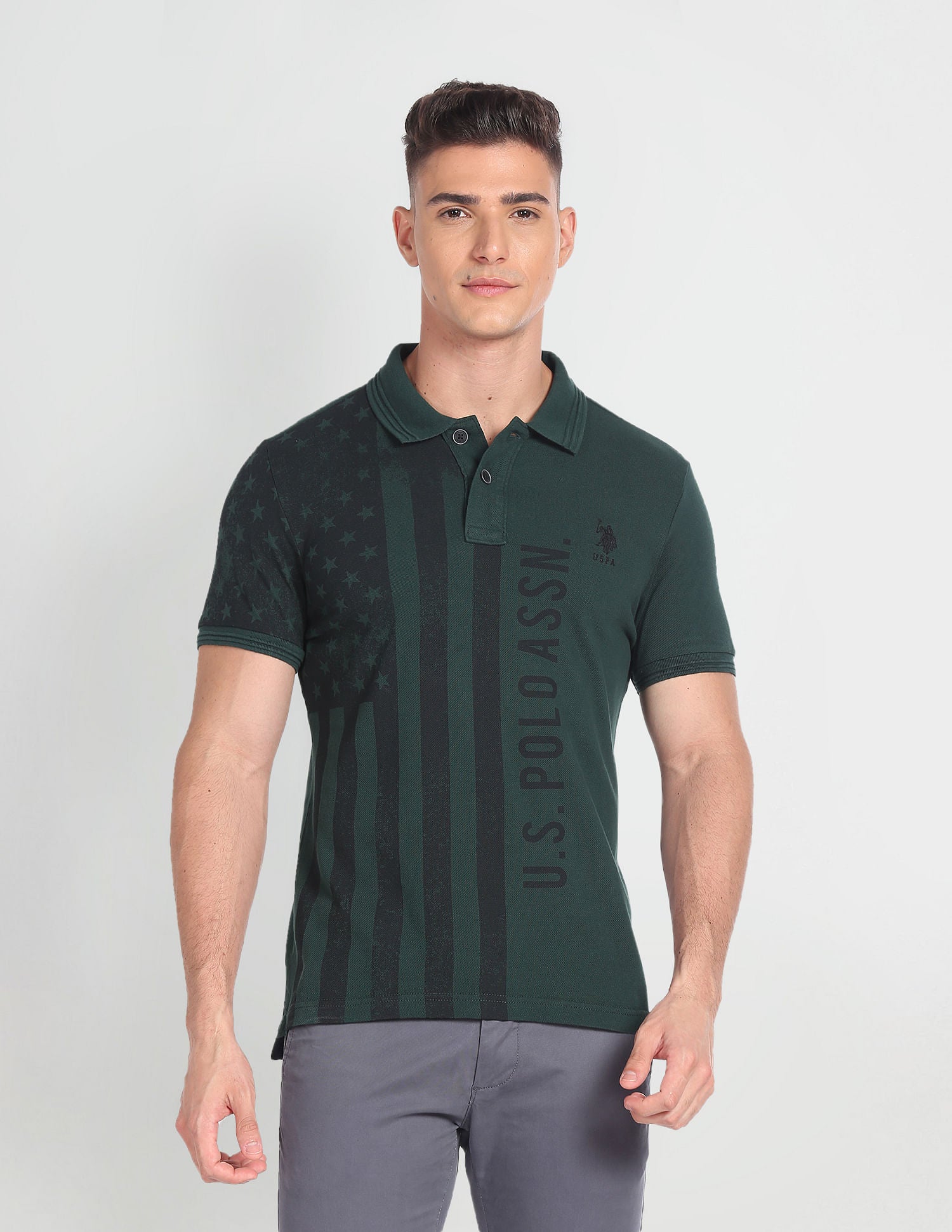 Graphic Print Cotton Polo Shirt Dark Green - U.S. Polo Assn. India | Large