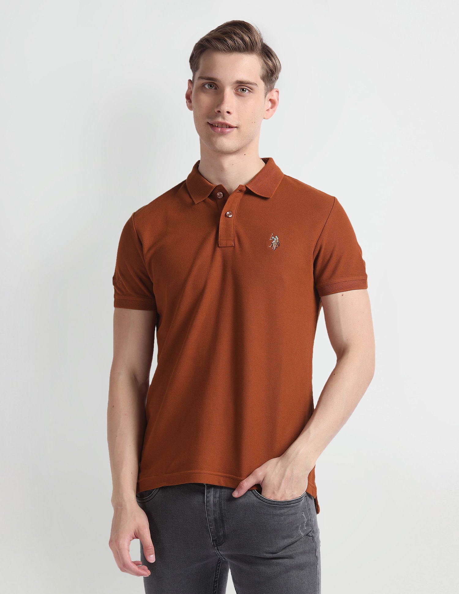 Patterned Collar Cotton Polo Shirt Tan - U.S. Polo Assn. India | Large
