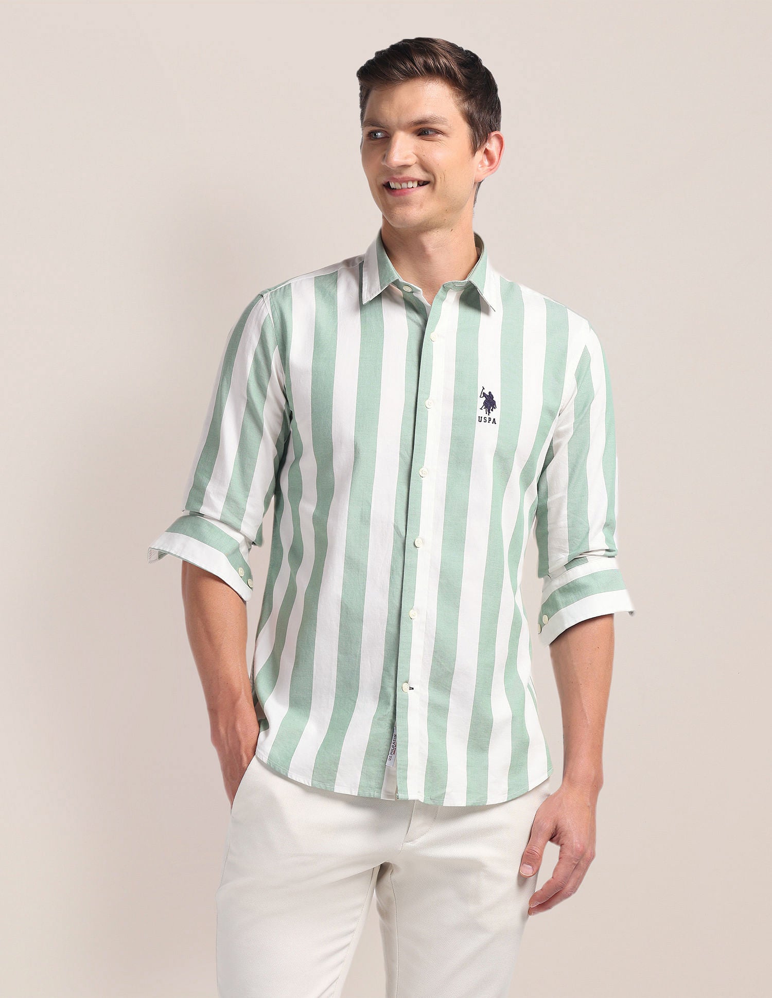 Pure Cotton Stripes Shirt Green - U.S. POLO ASSN. | Large