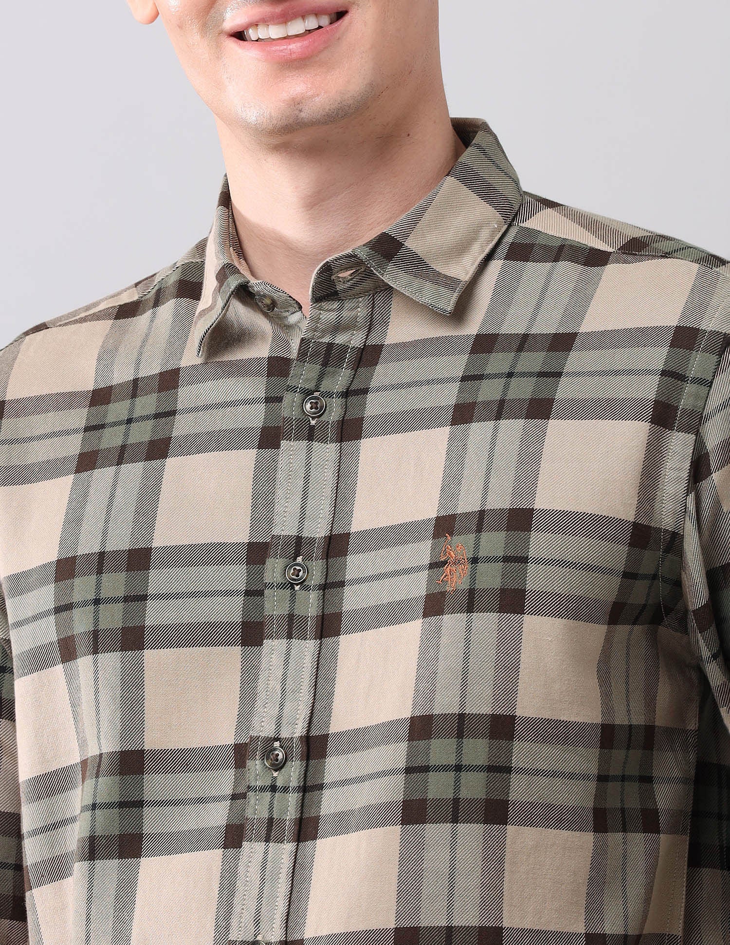 Tartan Checked Pure Cotton Shirt Olive - U.S. POLO ASSN. | Large
