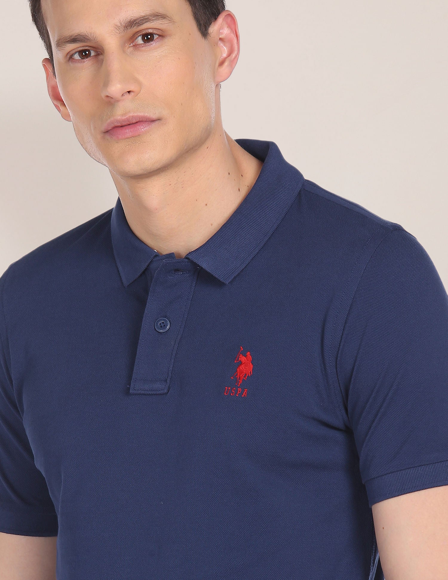 Ribbed Collar Solid Polo Shirt Dark Blue - U.S. POLO ASSN. | Large