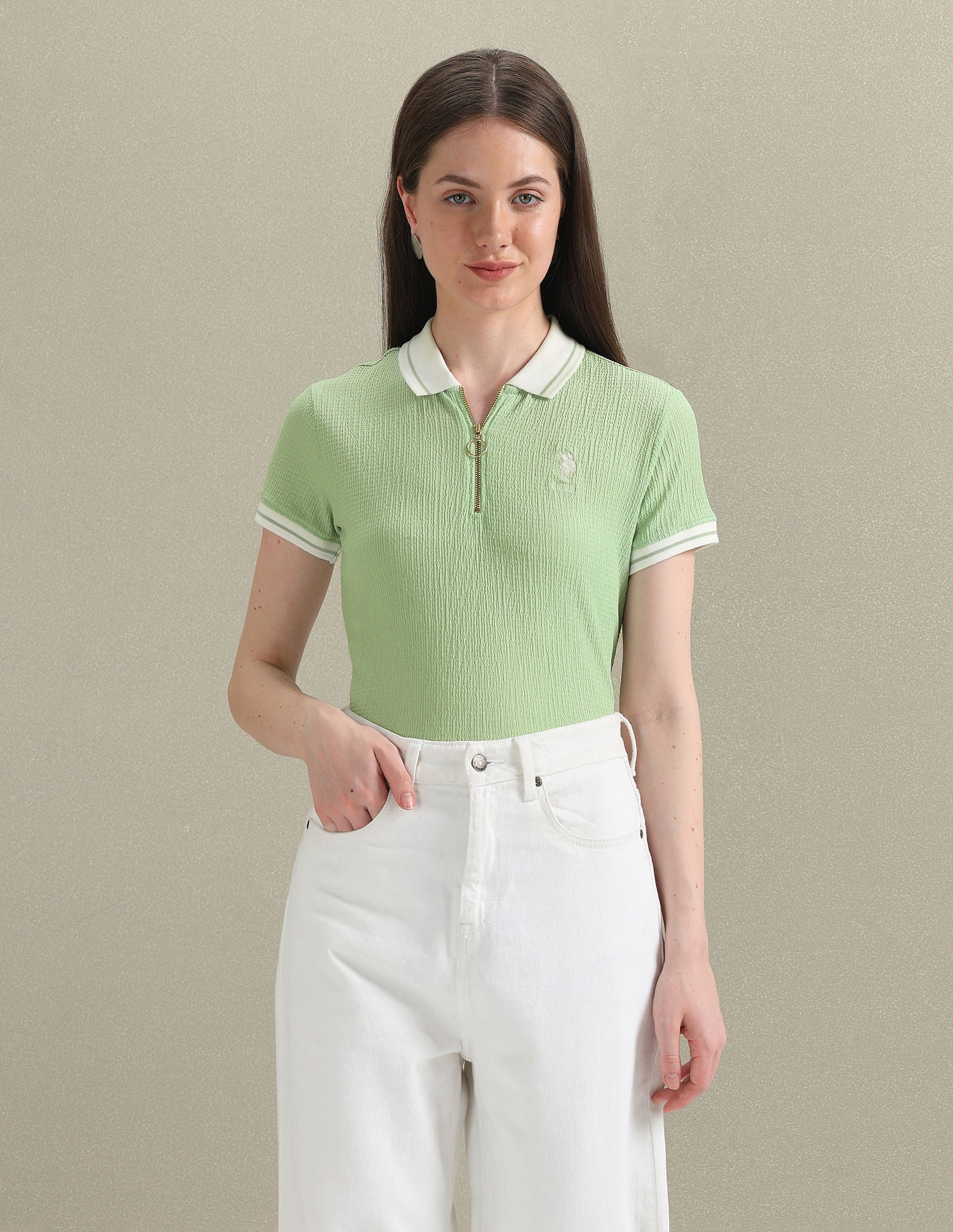 Zipper Placket Textured Polo Shirt Light Green - U.S. POLO ASSN. | Large