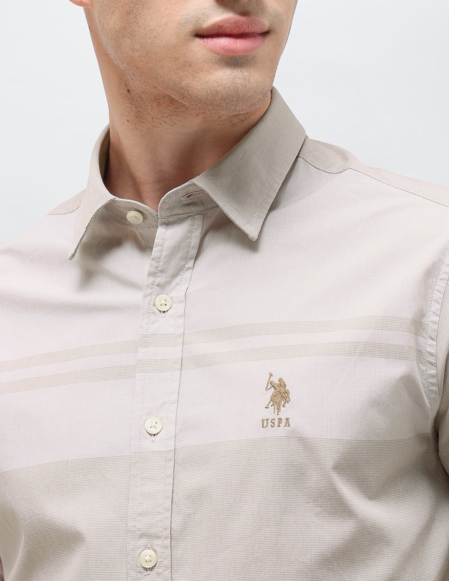 Solid Striped Detail Regular Fit Shirt Beige - U.S. Polo Assn. India | Large