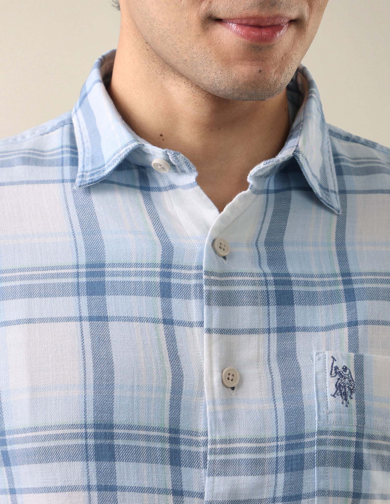 Twill Windowpane Checked Shirt Light Blue - U.S. Polo Assn. India | Large