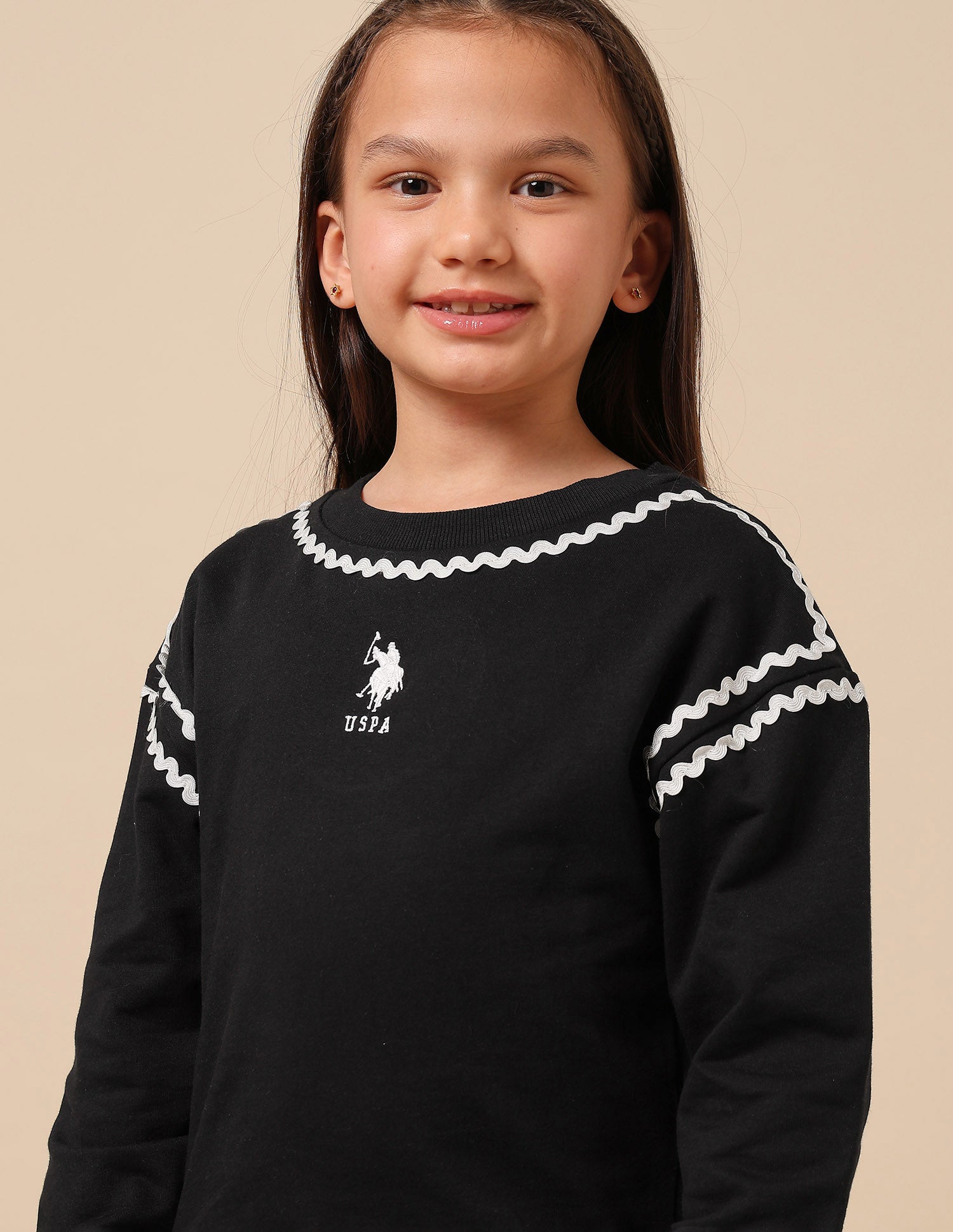 Girls Solid Lace Trim Sweatshirt Black - U.S. POLO ASSN. | Large