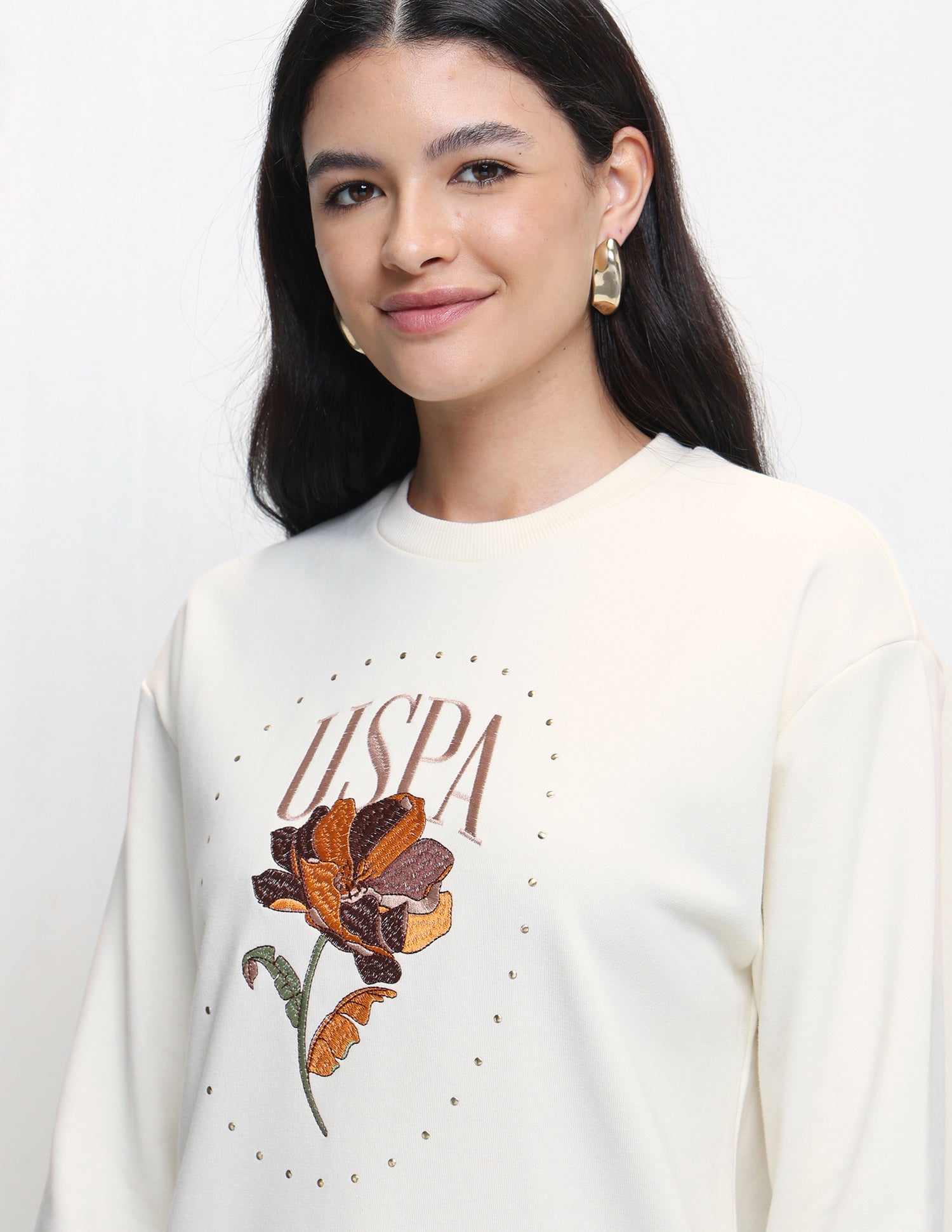 Brand Floral Embroidered Relaxed Fit Sweatshirt Off White - U.S. Polo Assn. India | Large