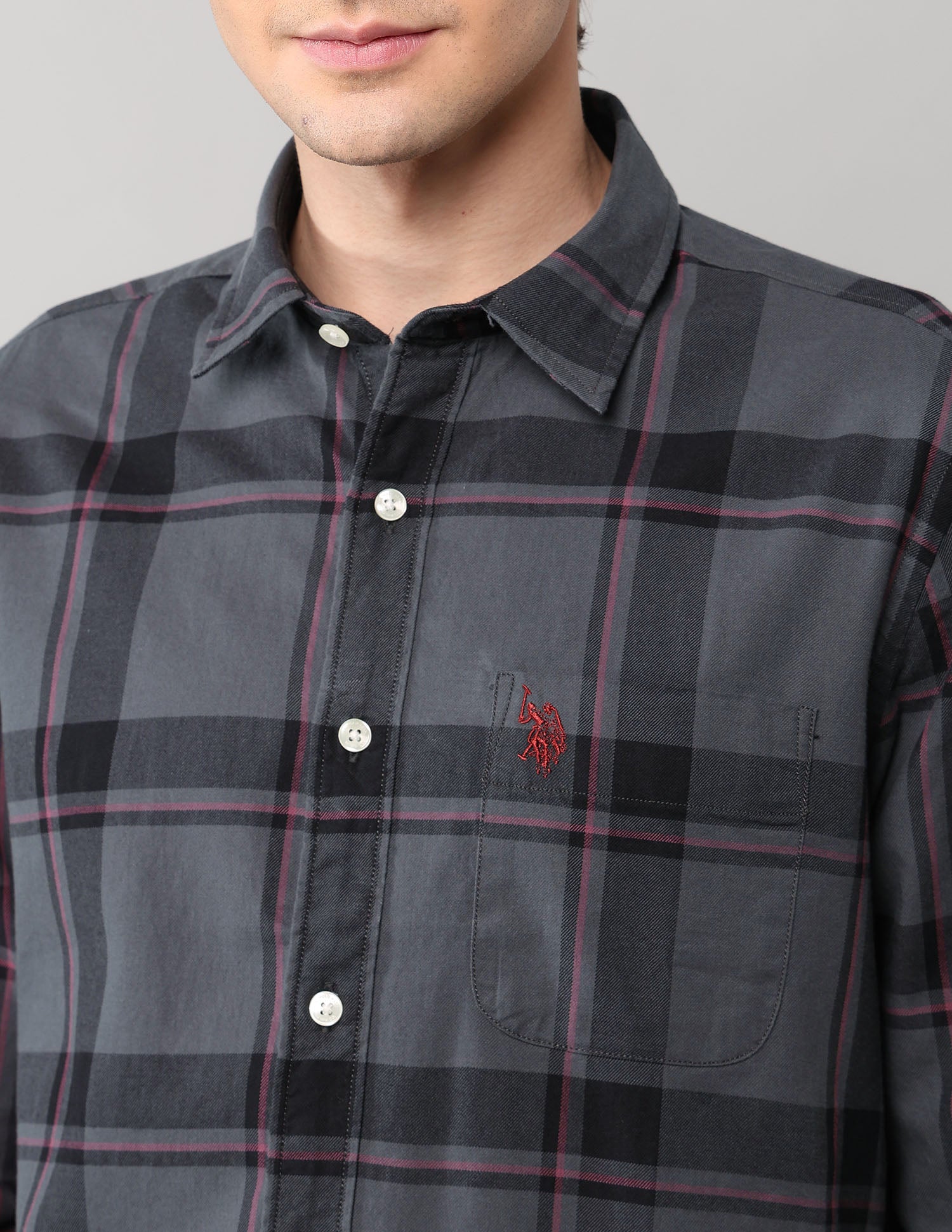 Grid Tattersall Checked Pure Cotton Shirt Grey - U.S. POLO ASSN. | Large