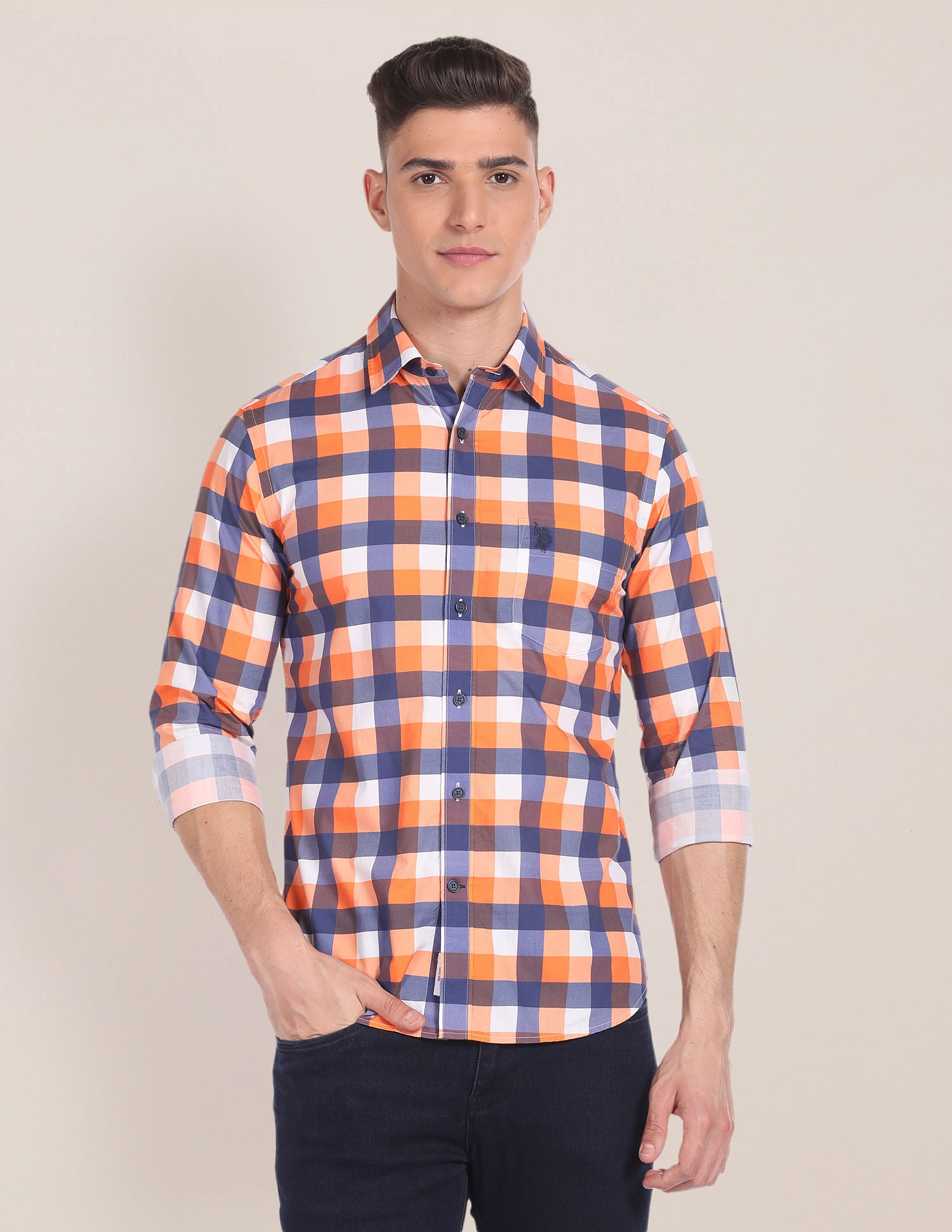 Plaid Check Cotton Shirt Coral - U.S. POLO ASSN. | Large