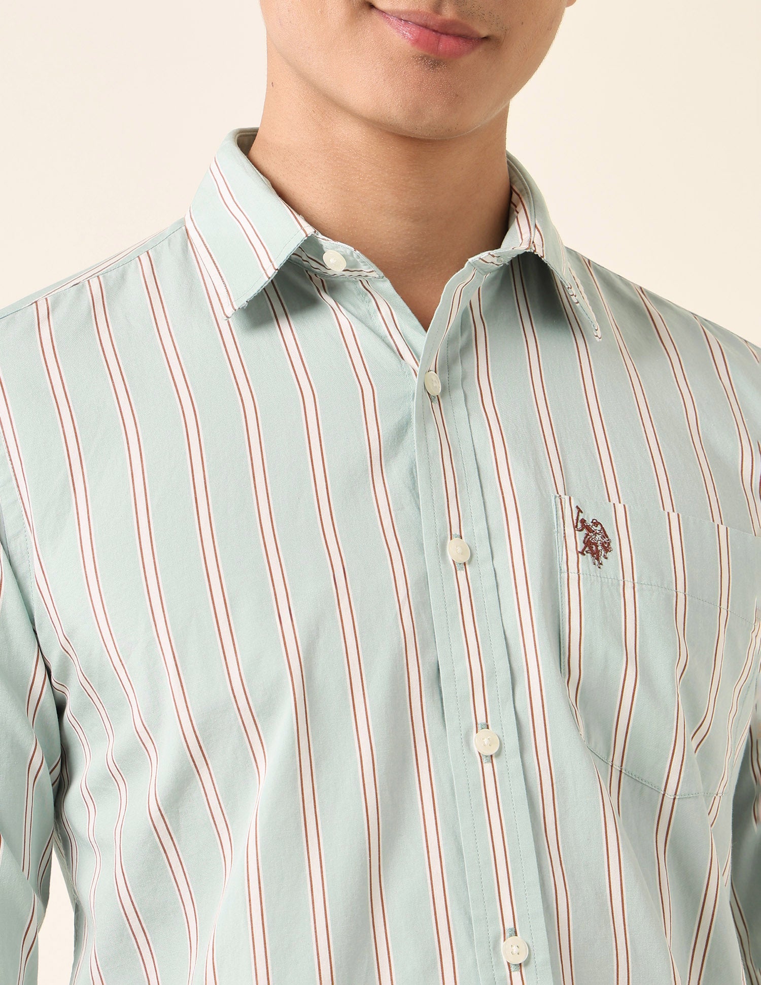 Vertical Striped Pure Cotton Shirt Light Green - U.S. Polo Assn. India | Large