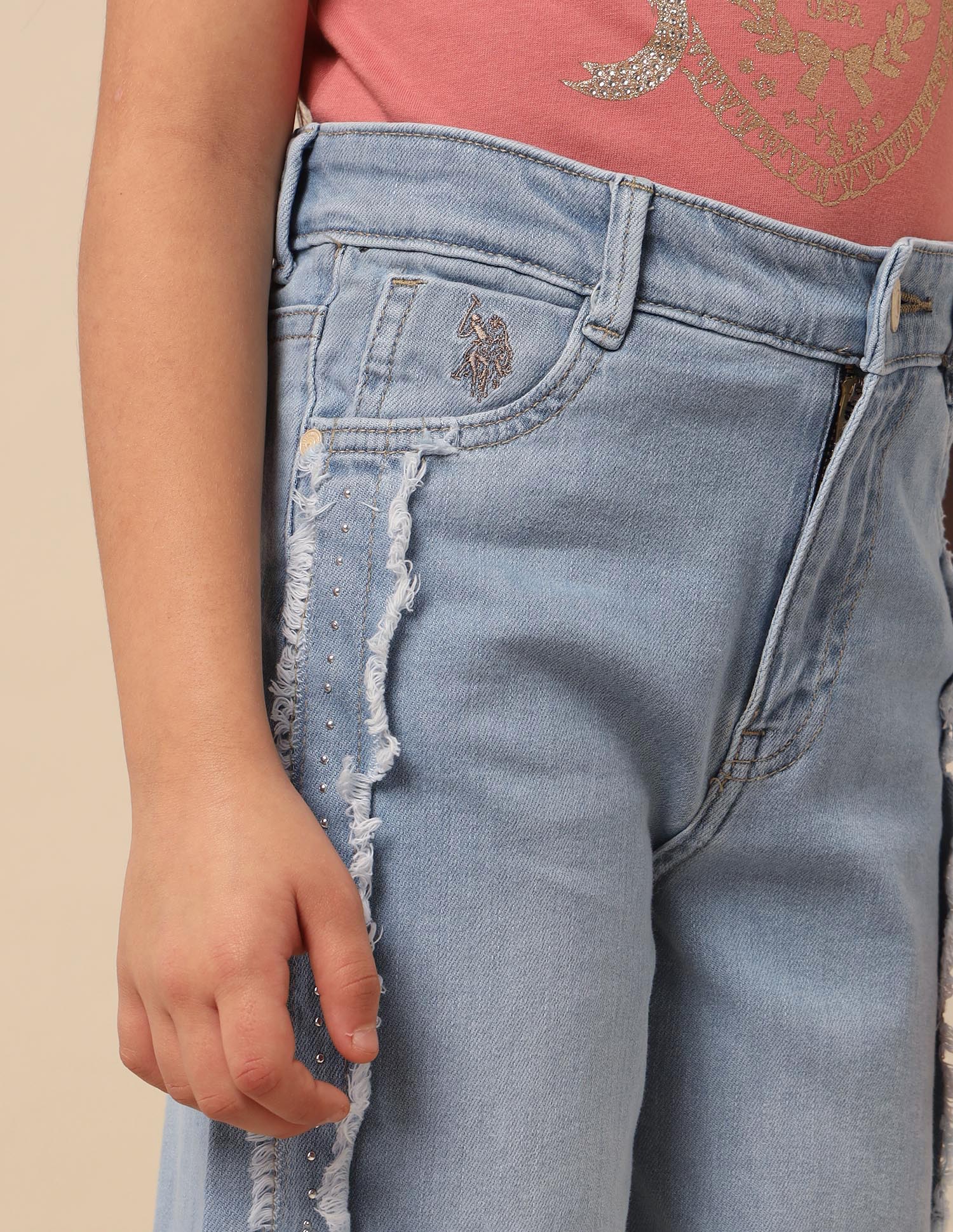 Girls Wide Leg Fit Stone Washed Jeans Light Blue - U.S. POLO ASSN. | Large