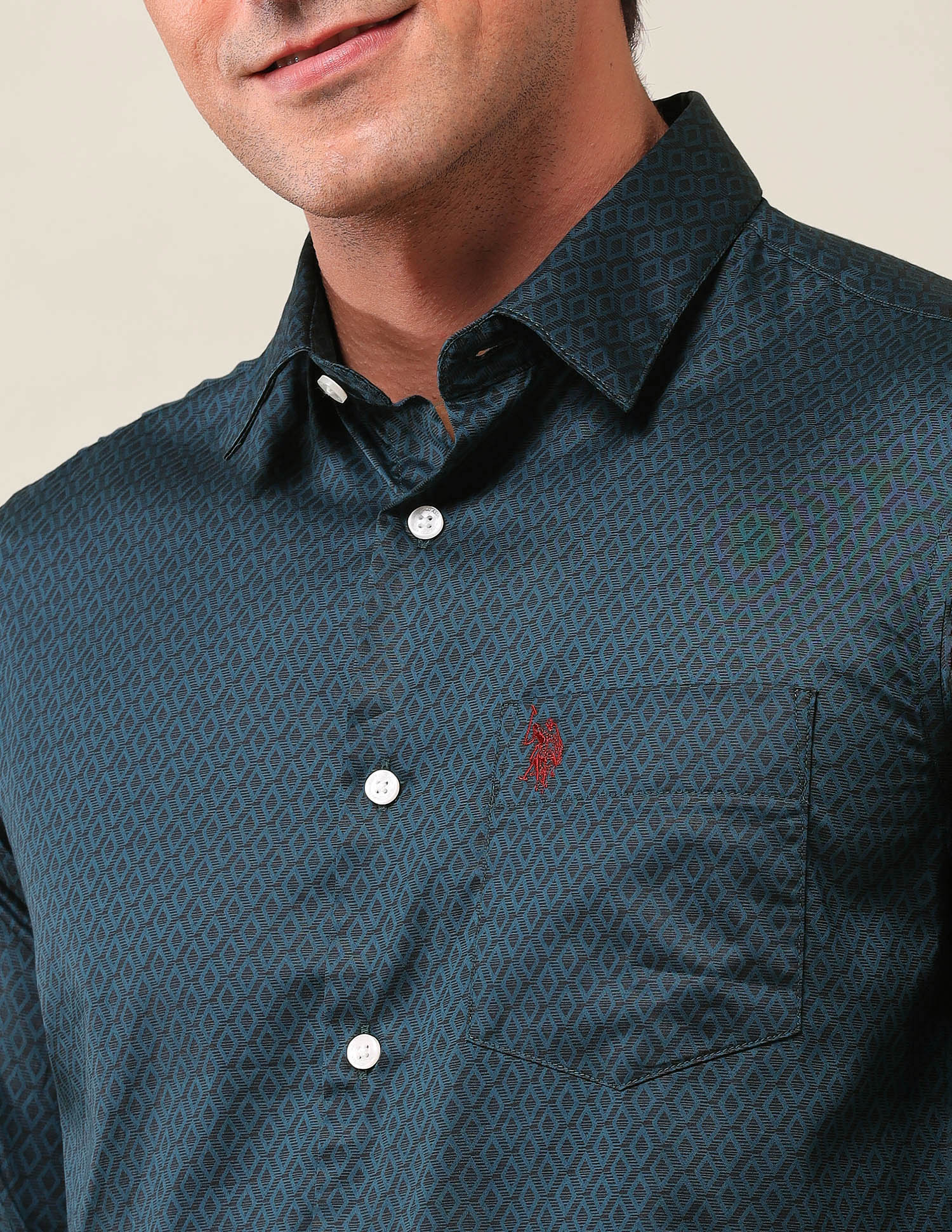 Tailored Fit Geometric Printed Shirt Teal - U.S. Polo Assn. India | Large
