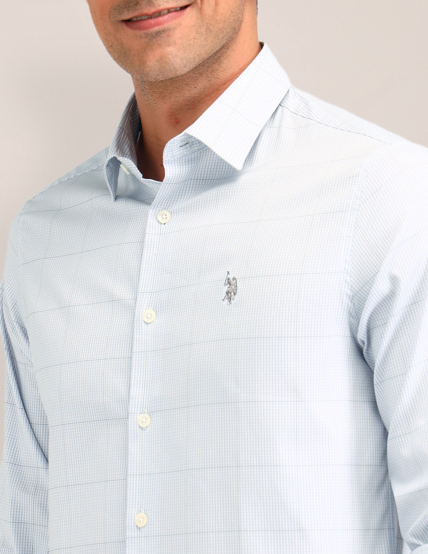 Micro Check Printed Regular Fit Shirt Light Grey - U.S. Polo Assn. India | Large