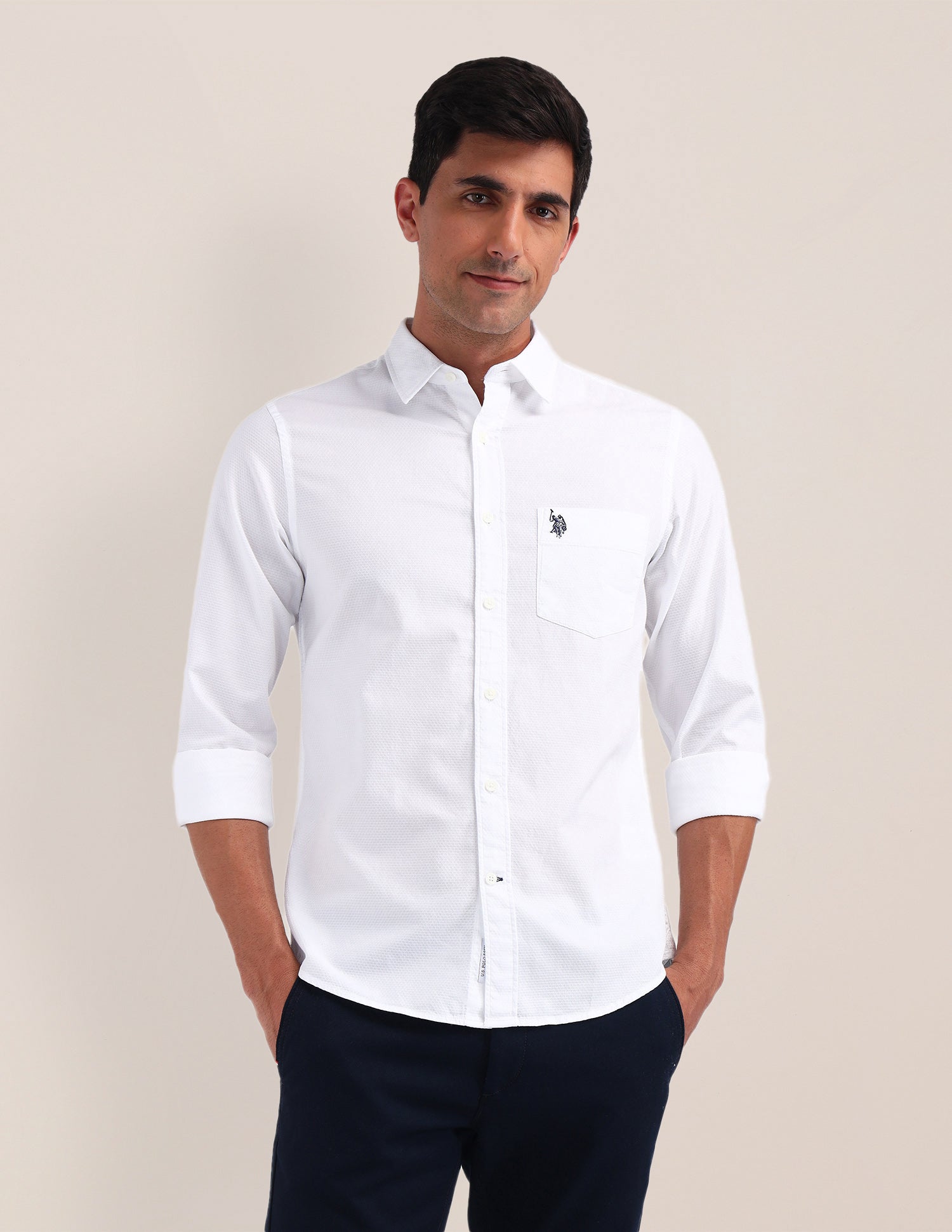 Solid Pattern Dobby Shirt White - U.S. Polo Assn. India | Large