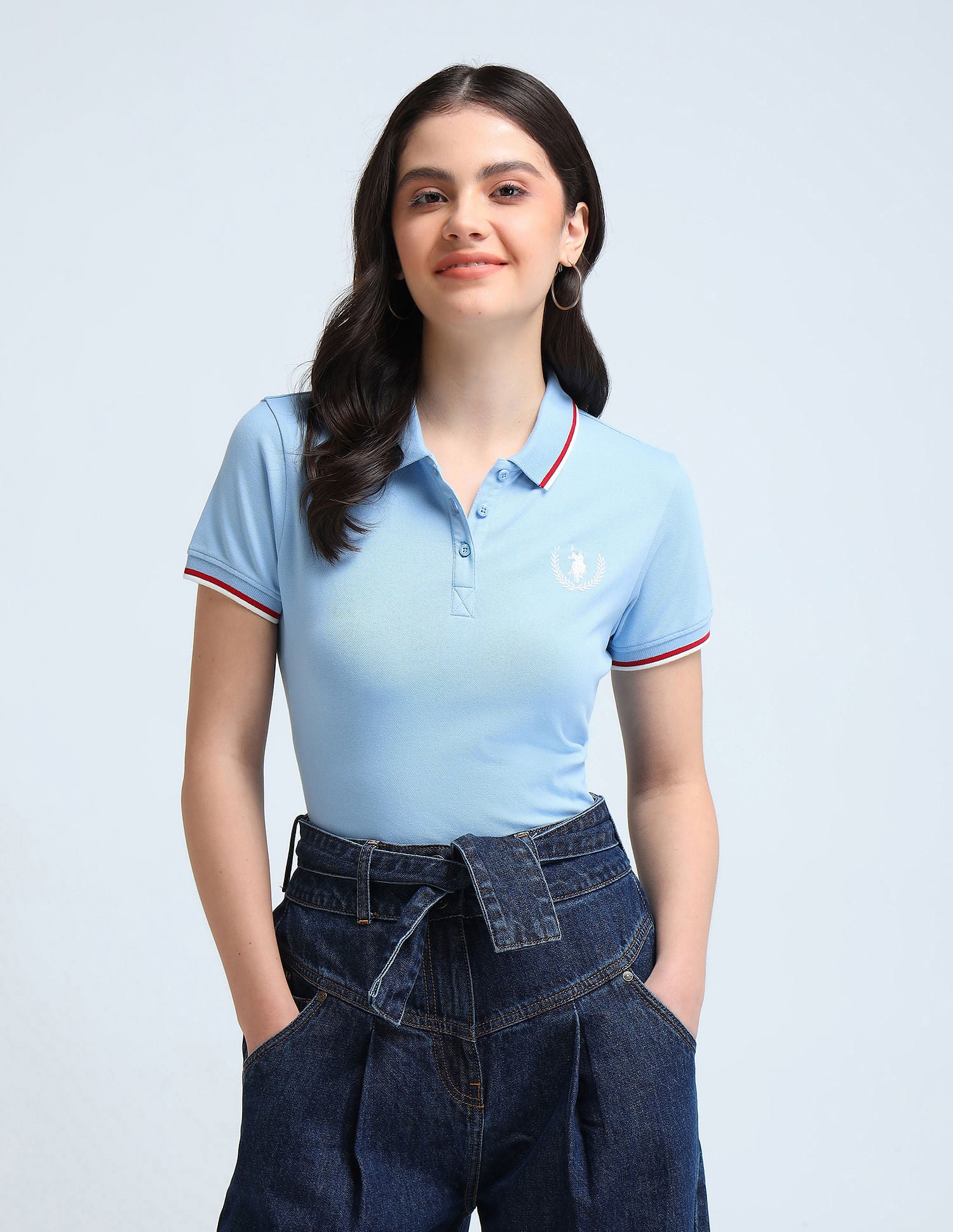 Tipped Collar Crest Logo Polo Shirt Light Blue - U.S. Polo Assn. India | Large