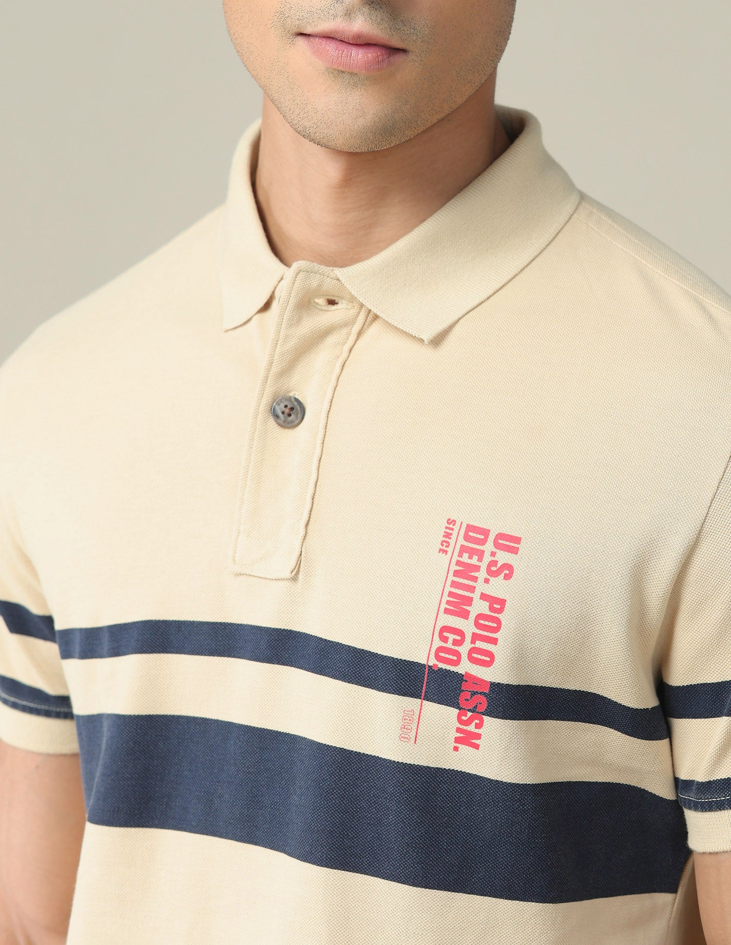 Horizontal Engineered Stripe Cotton Polo Shirt Beige - U.S. POLO ASSN. | Large