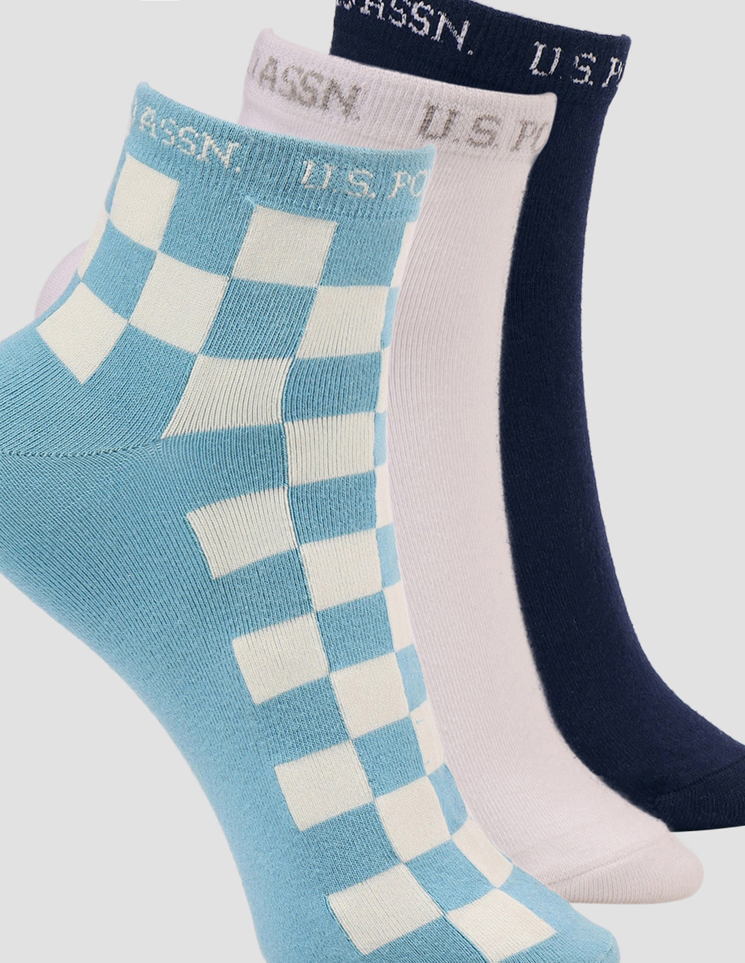 Ankle Length Cotton Stretch ES008 Socks - Pack Of 3 Navy, Delhinium Blue, White - U.S. POLO ASSN. | Large