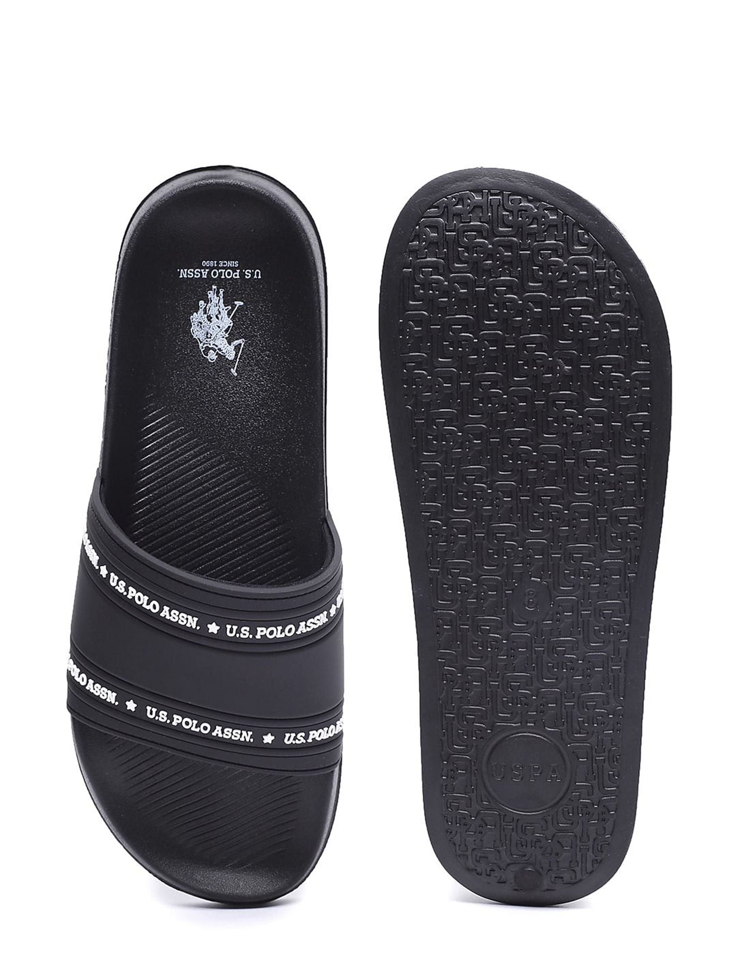 Men Brand Print Vamp Strap Wode 3.0 Slides Black - U.S. Polo Assn. India | Large
