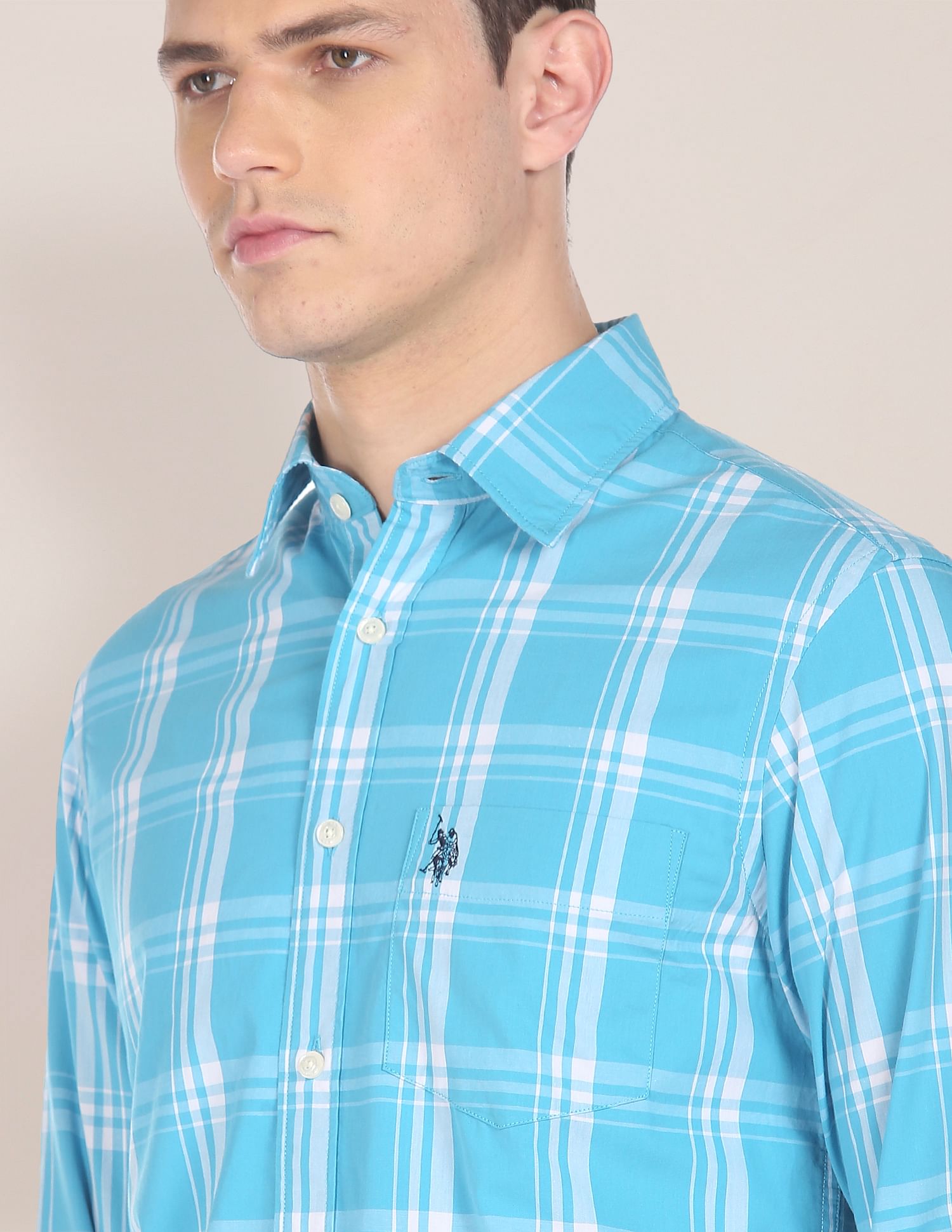 Men Blue Spread Collar Check Casual Shirt Aqua - U.S. POLO ASSN. | Large