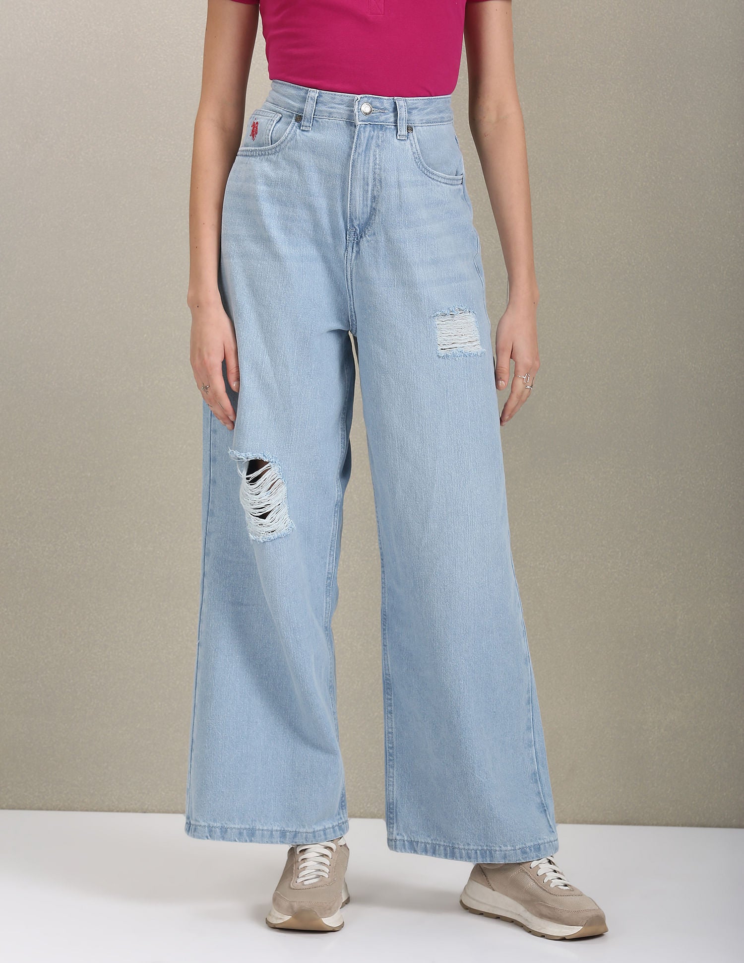 High Rise Wide Leg Distressed Jeans Blue - U.S. Polo Assn. India | Large