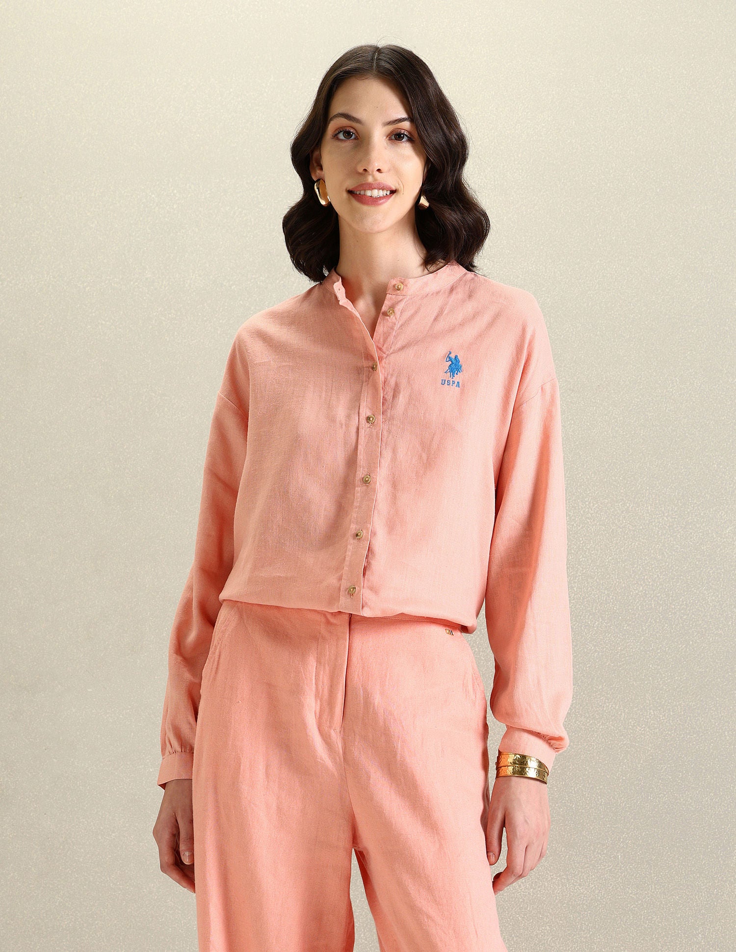 Mandarin Collar Viscose Linen Shirt Peach - U.S. Polo Assn. India | Large