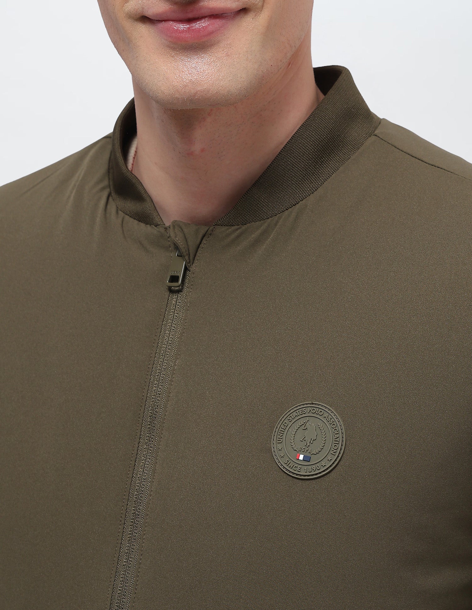 Solid Regular Fit Bomber Jacket Olive - U.S. Polo Assn. India | Large