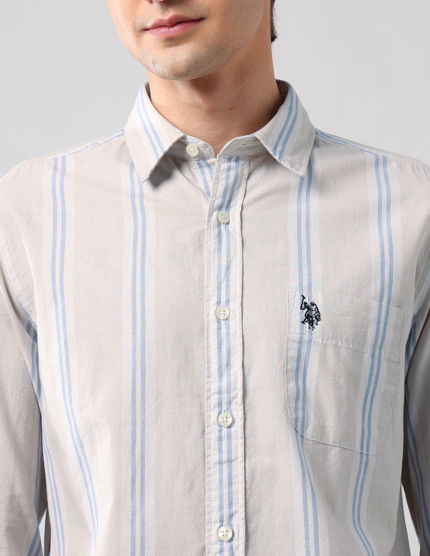 Vertical Striped Regular Fit Shirt Light Khaki - U.S. Polo Assn. India | Large
