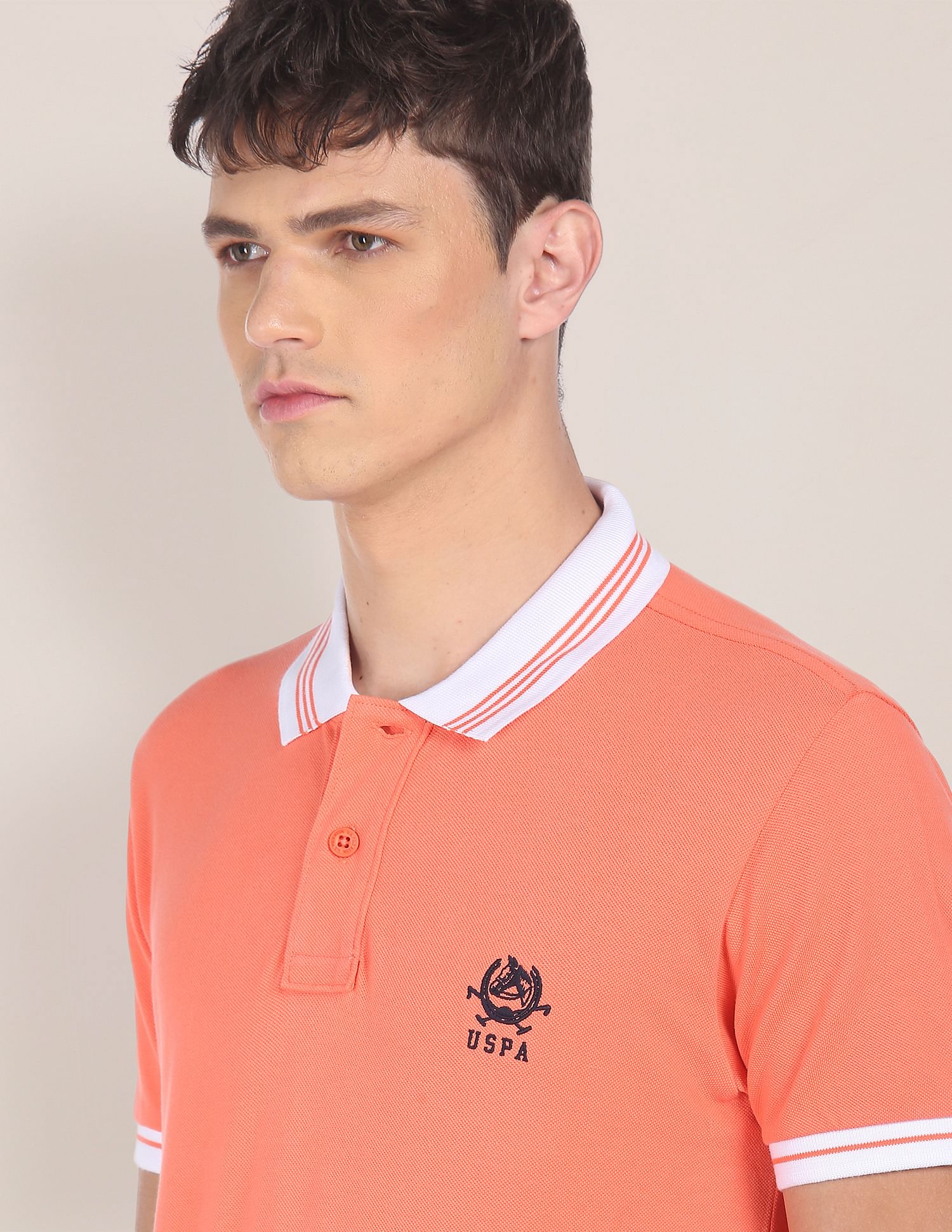 Men Peach Cotton Solid Polo Shirt Peach - U.S. POLO ASSN. | Large