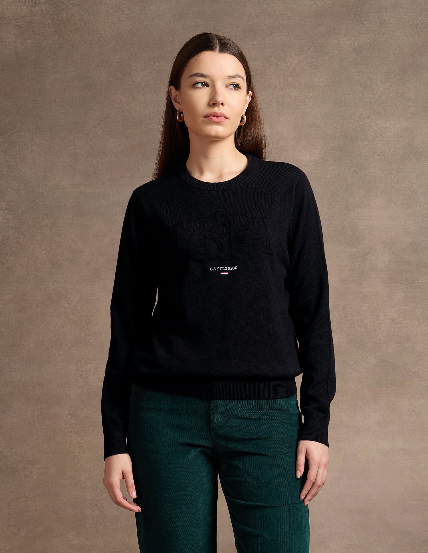 Typographic Branding Crew Neck Sweater Balck - U.S. Polo Assn. India | Large