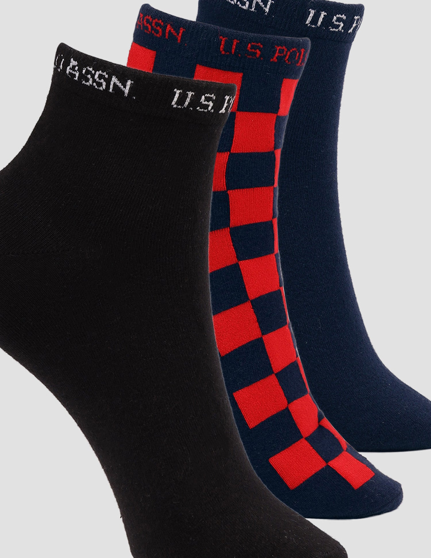 Ankle Length Cotton Stretch ES008 Socks - Pack Of 3 Navy, Navy, Black - U.S. POLO ASSN. | Large