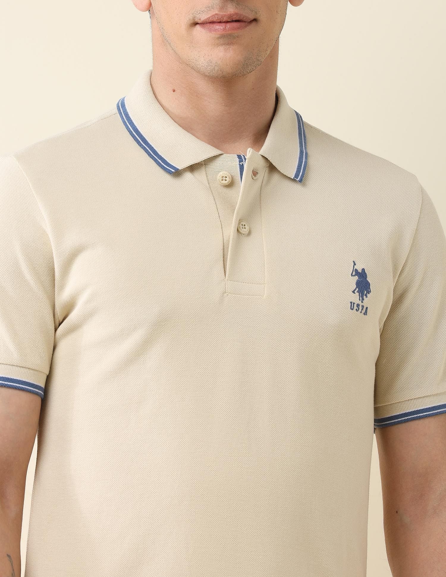 Slim Fit Solid Polo Shirt Beige - U.S. Polo Assn. India | Large