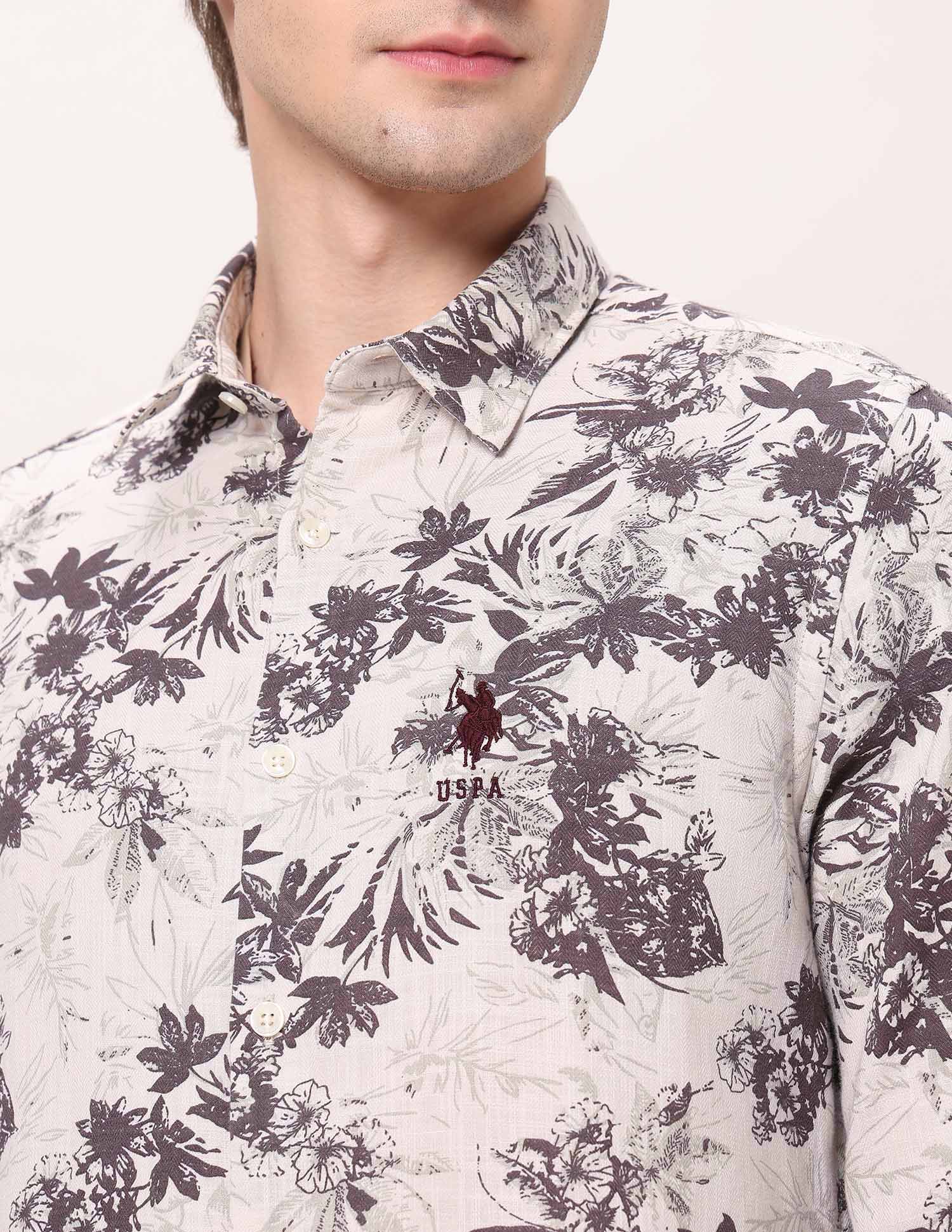 Floral Printed Regular Fit Shirt Beige - U.S. POLO ASSN. | Large