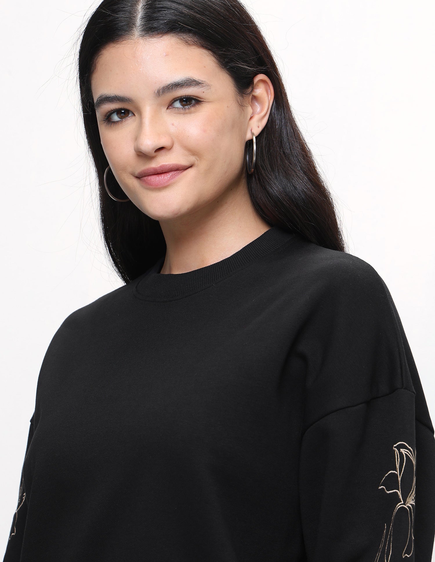 Floral Embroidered Oversized Fit Sweatshirt Black - U.S. Polo Assn. India | Large