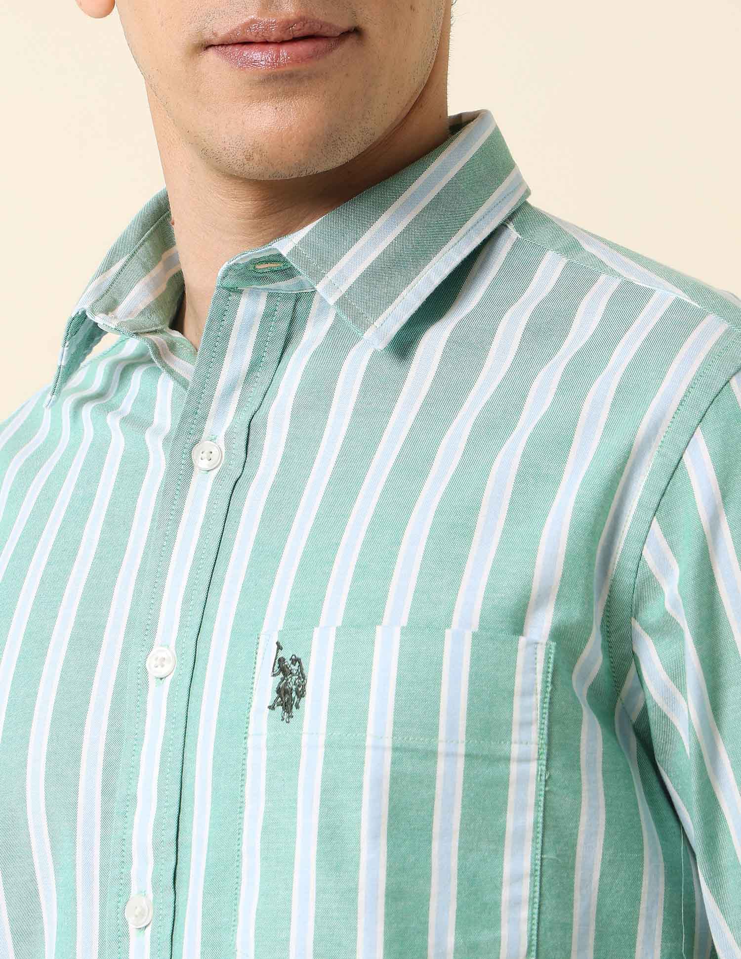 Pure Cotton Vertical Striped Shirt Green - U.S. Polo Assn. India | Large