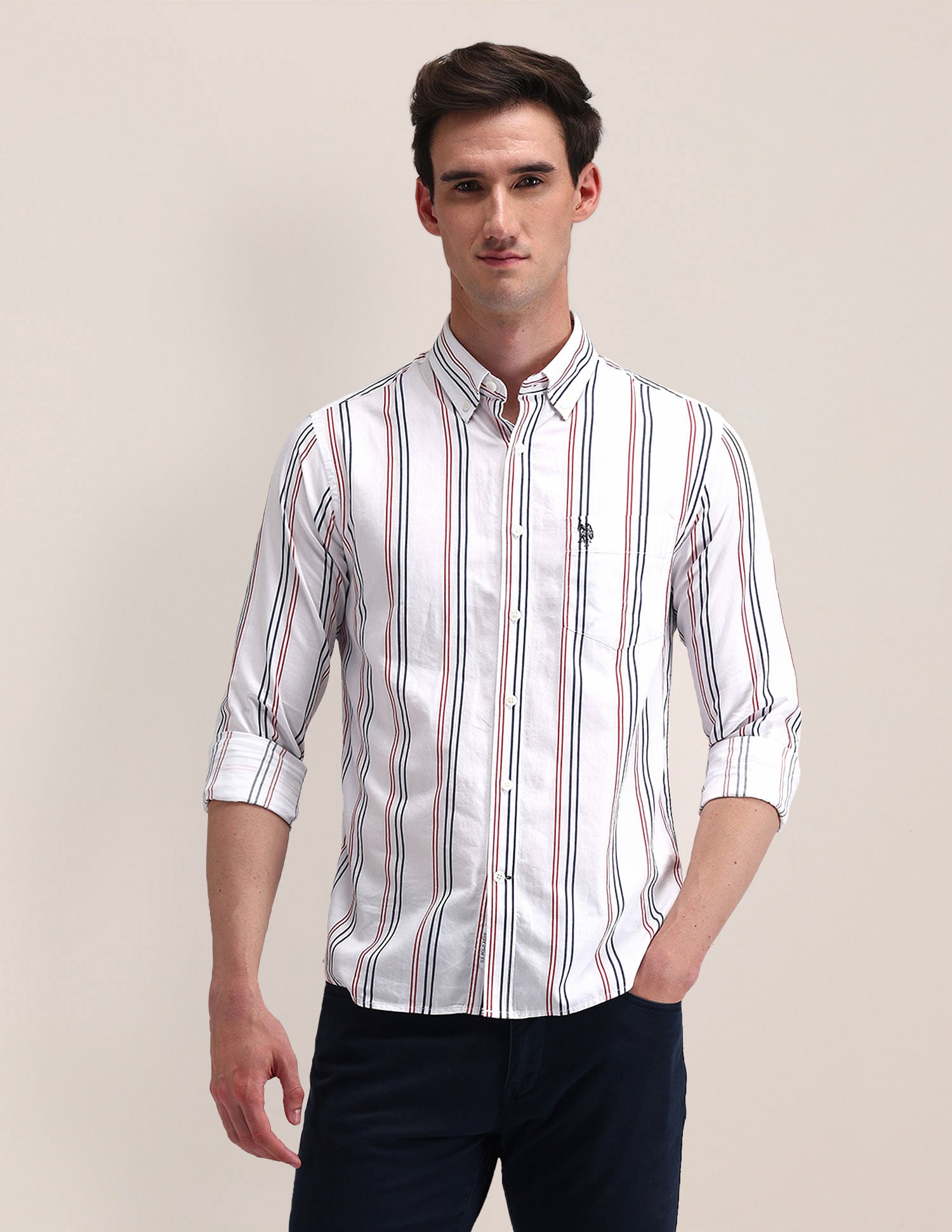 Tailored Fit Cotton Striped Shirt White - U.S. Polo Assn. India | Large