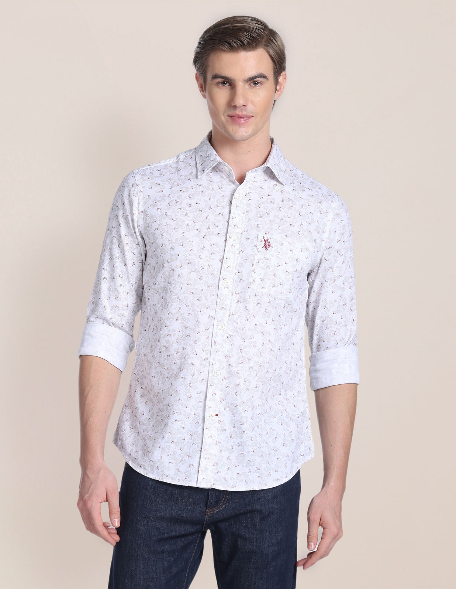 Floral Print Dobby Shirt White and Red - U.S. POLO ASSN. | Large