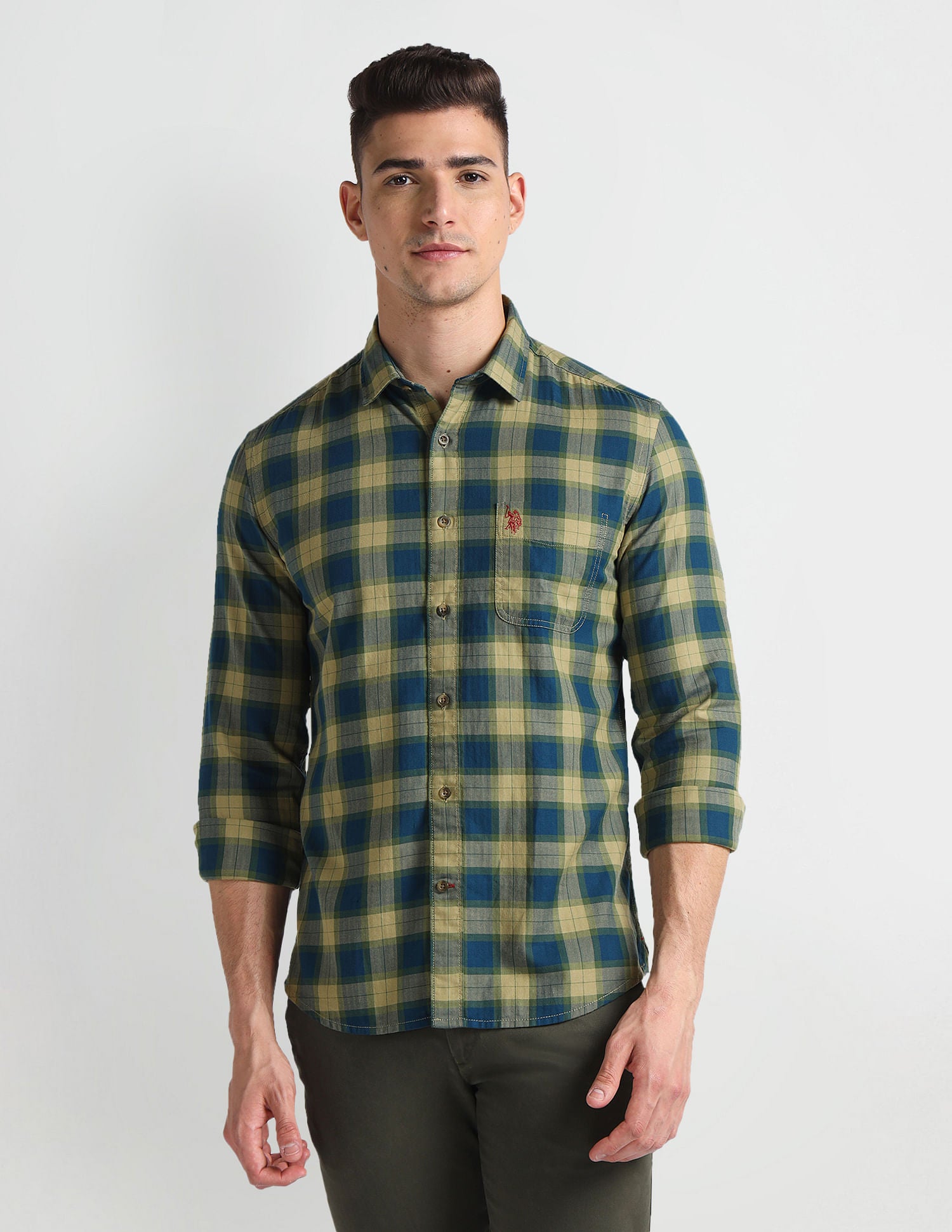 Tartan Check Herringbone Shirt Blue - U.S. Polo Assn. India | Large
