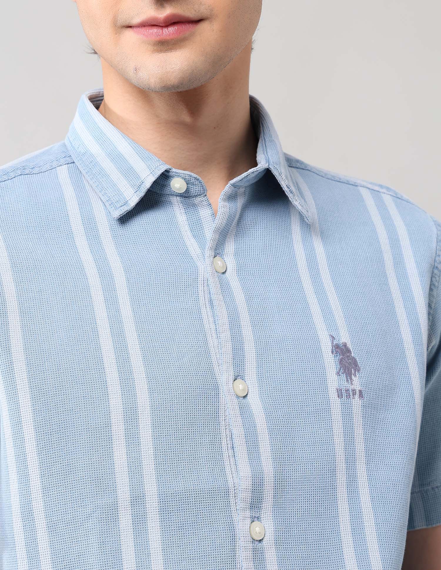 Vertical Striped Pure Cotton Shirt Light Indigo - U.S. Polo Assn. India | Large