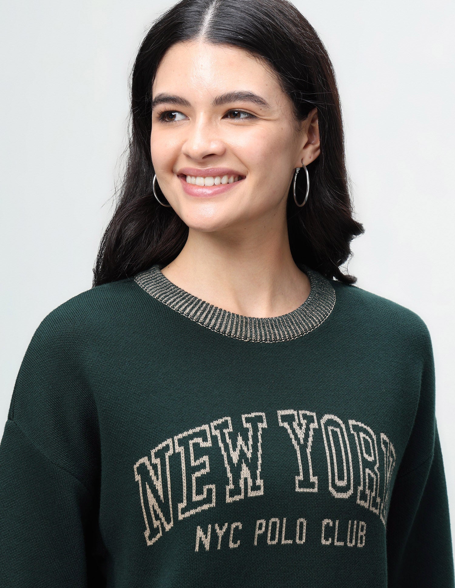 Typographic Patterned Knit Oversized Fit Sweater Dark Green - U.S. Polo Assn. India | Large