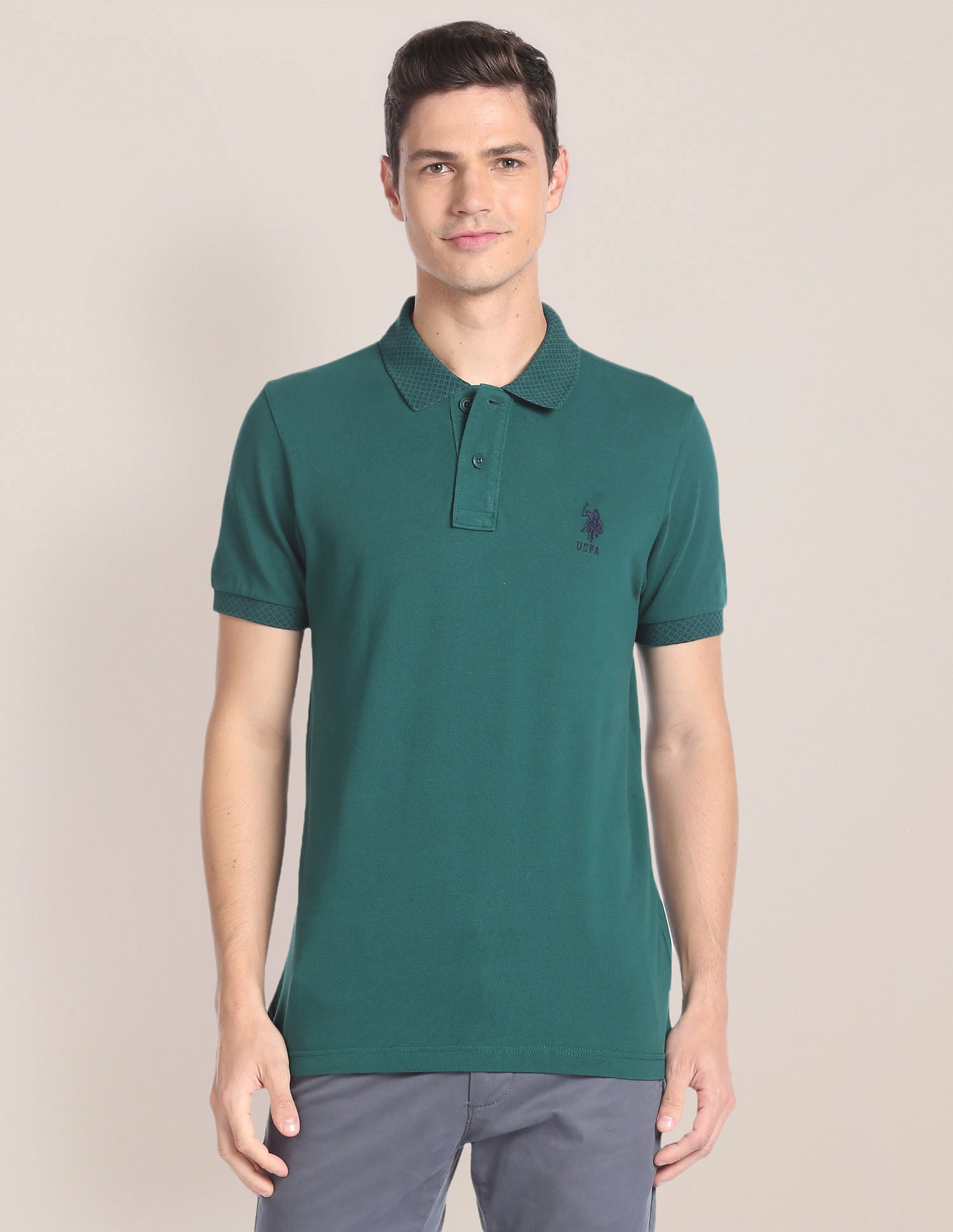 Solid Cotton Polo Shirt Green - U.S. Polo Assn. India | Large
