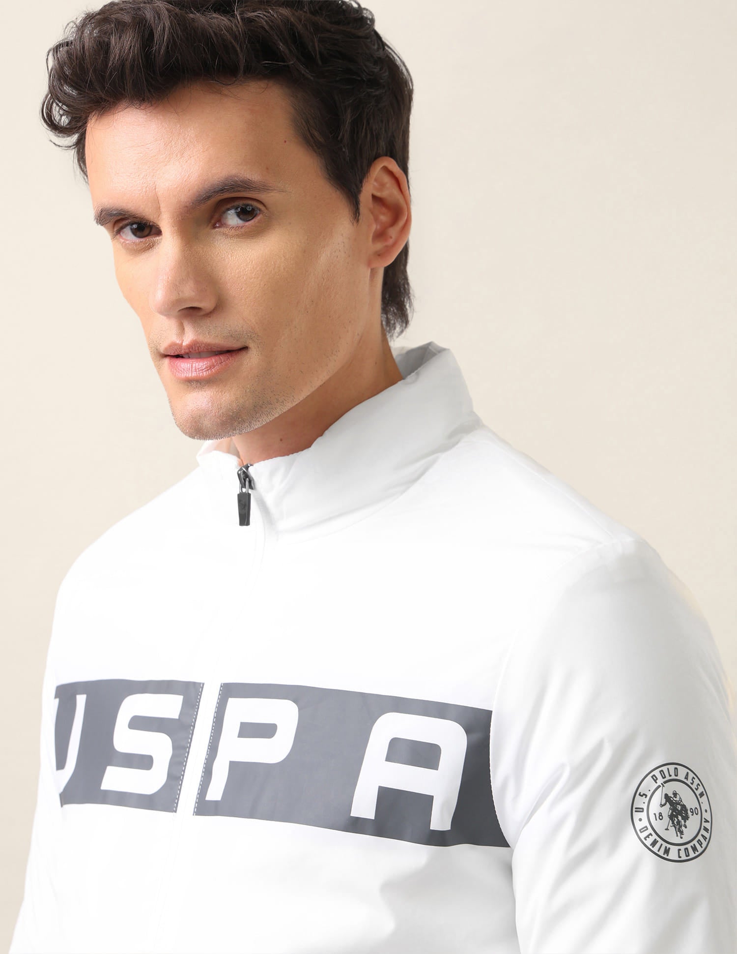High Neck Brand Print Polyester Casual Jacket White - U.S. Polo Assn. India | Large