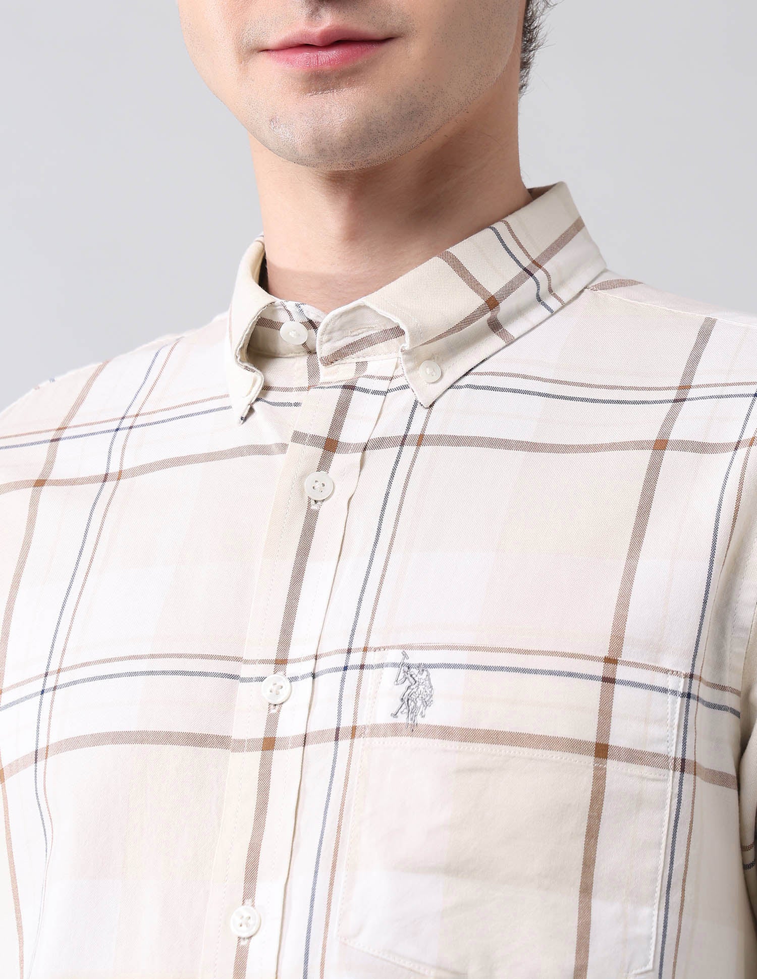 Grid Tattersall Checked Pure Cotton Shirt Ecru - U.S. Polo Assn. India | Large